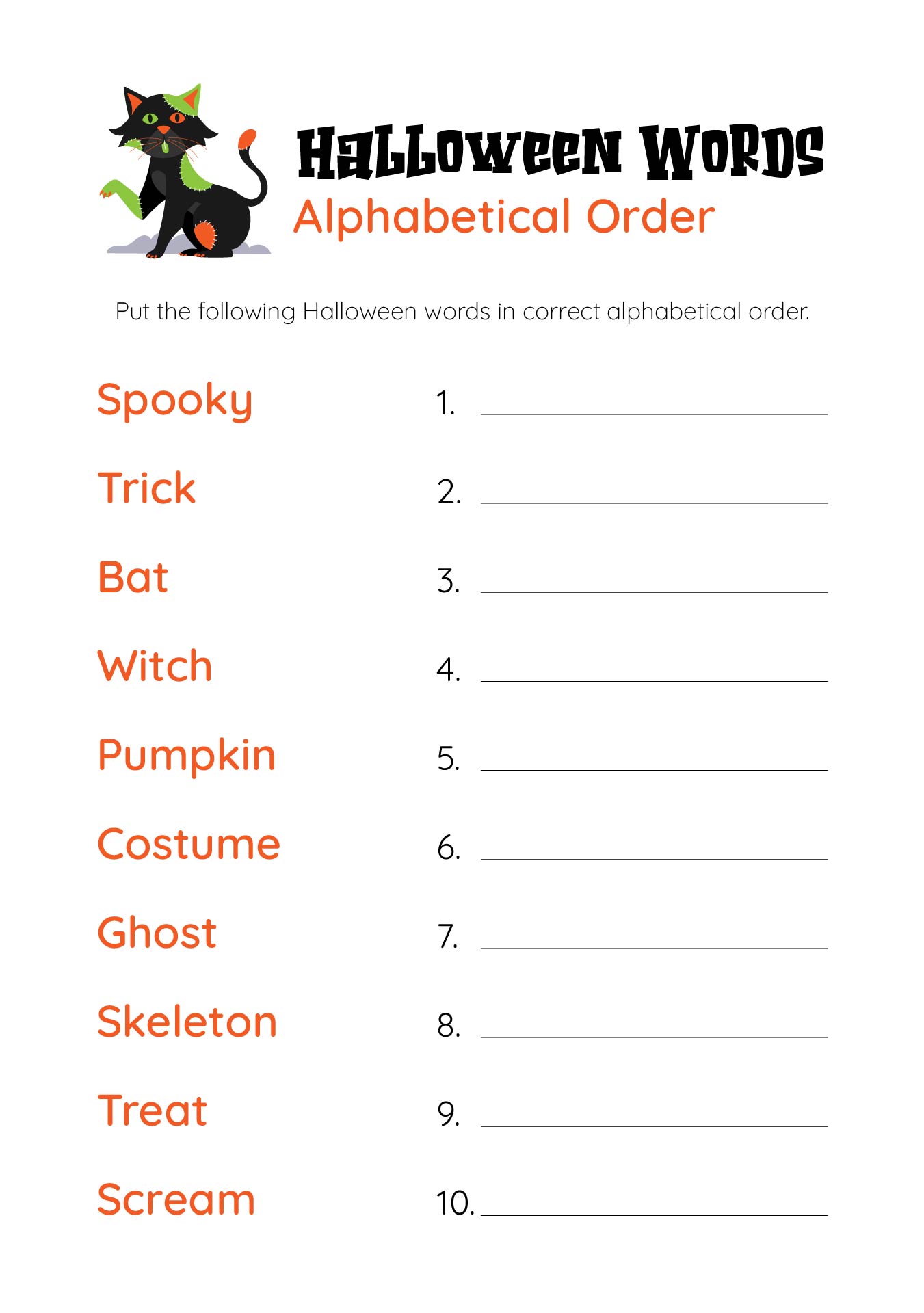 Alphabetical Order Halloween Words Printable Holiday Activity For 2nd-4th Grade
