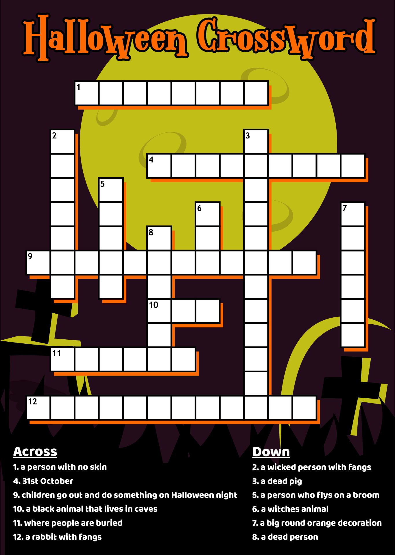 Crossword Puzzle For Children About Halloween Printable Game