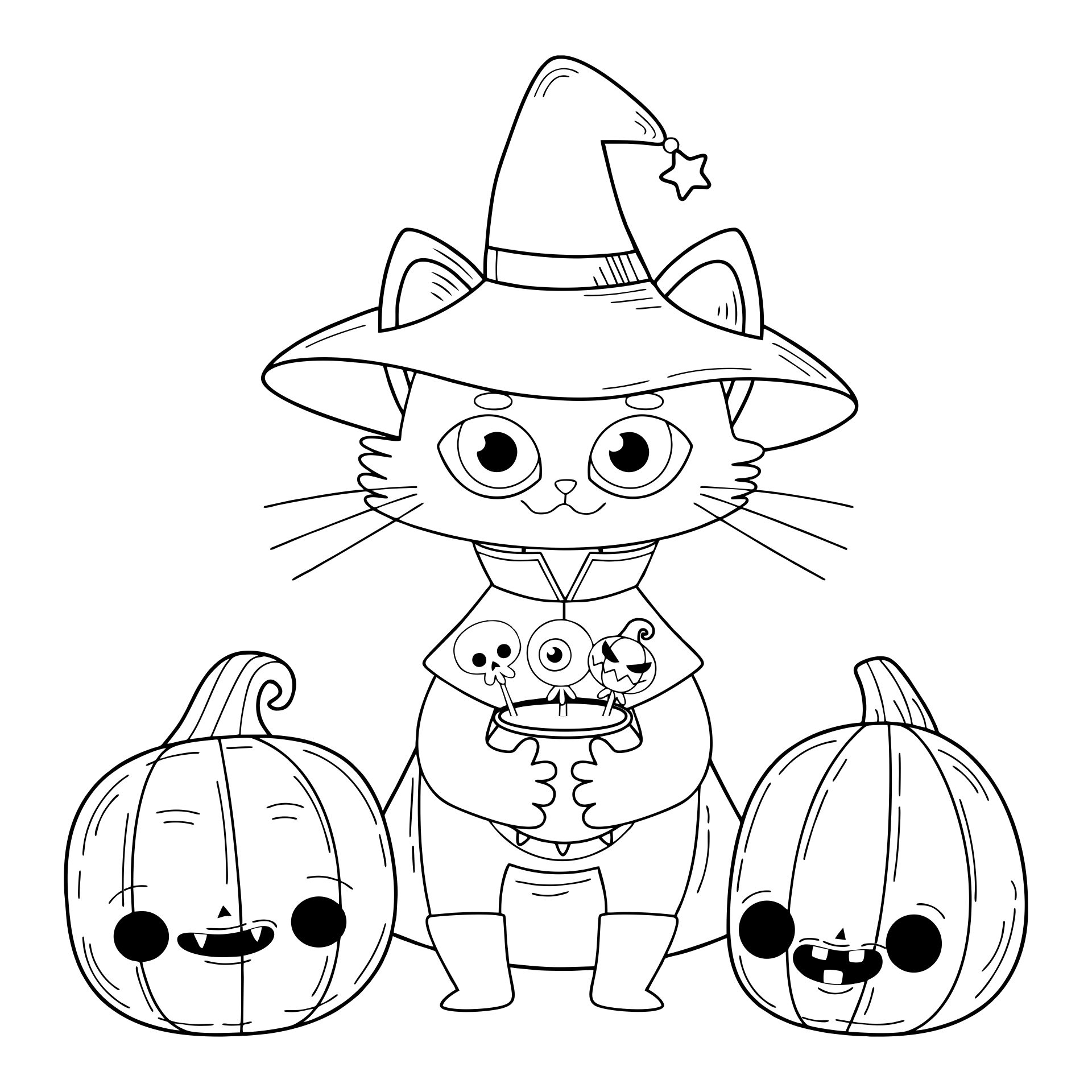 Funny Halloween Cats Coloring Page For Kids Printable
