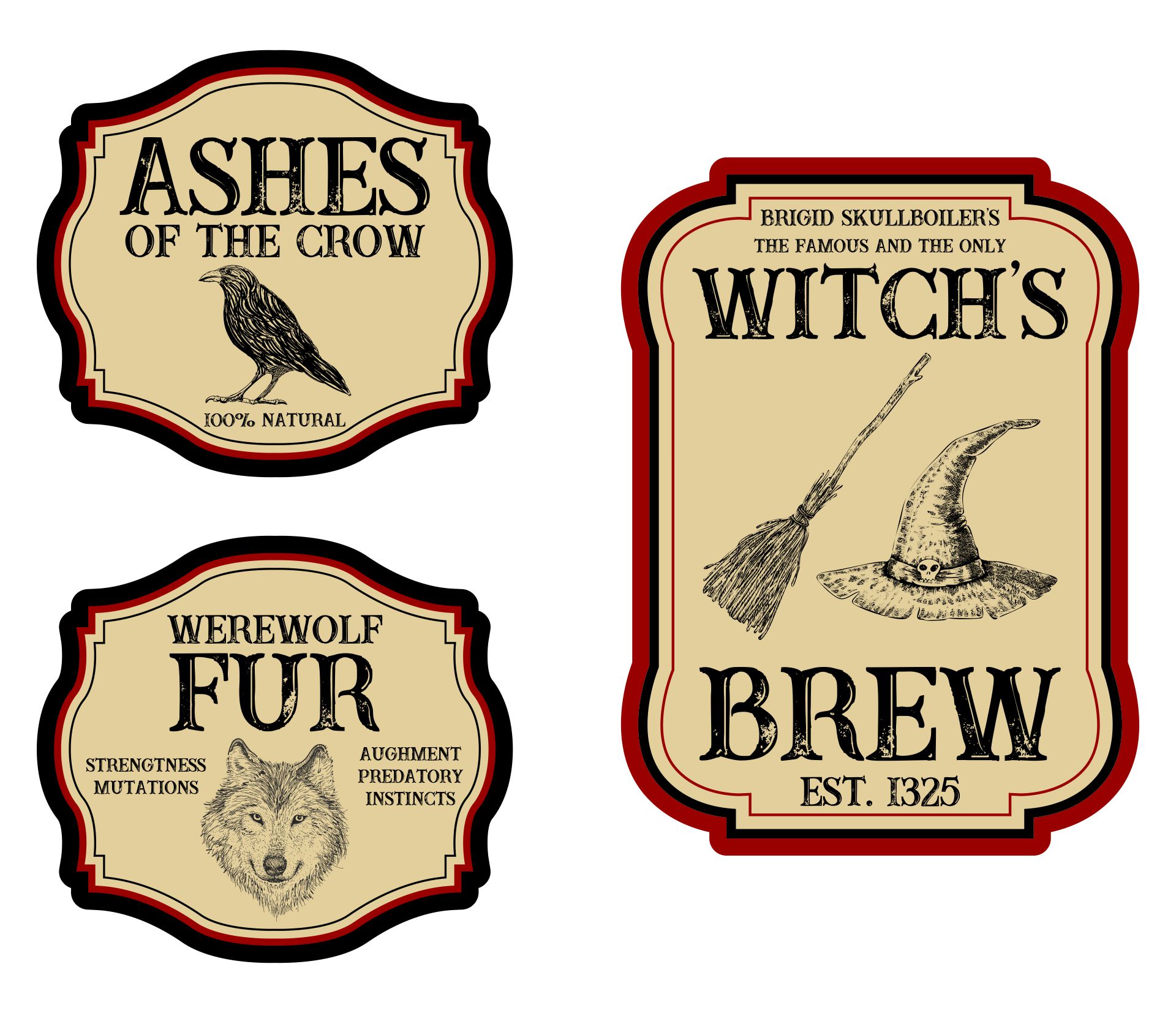 Funny Vintage Colored Halloween Potion Labels Printable