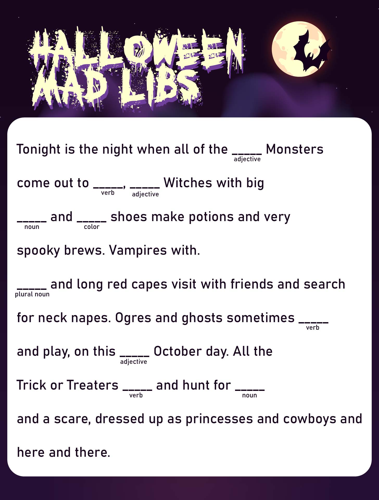 Halloween Ad Lib Word Game Printable