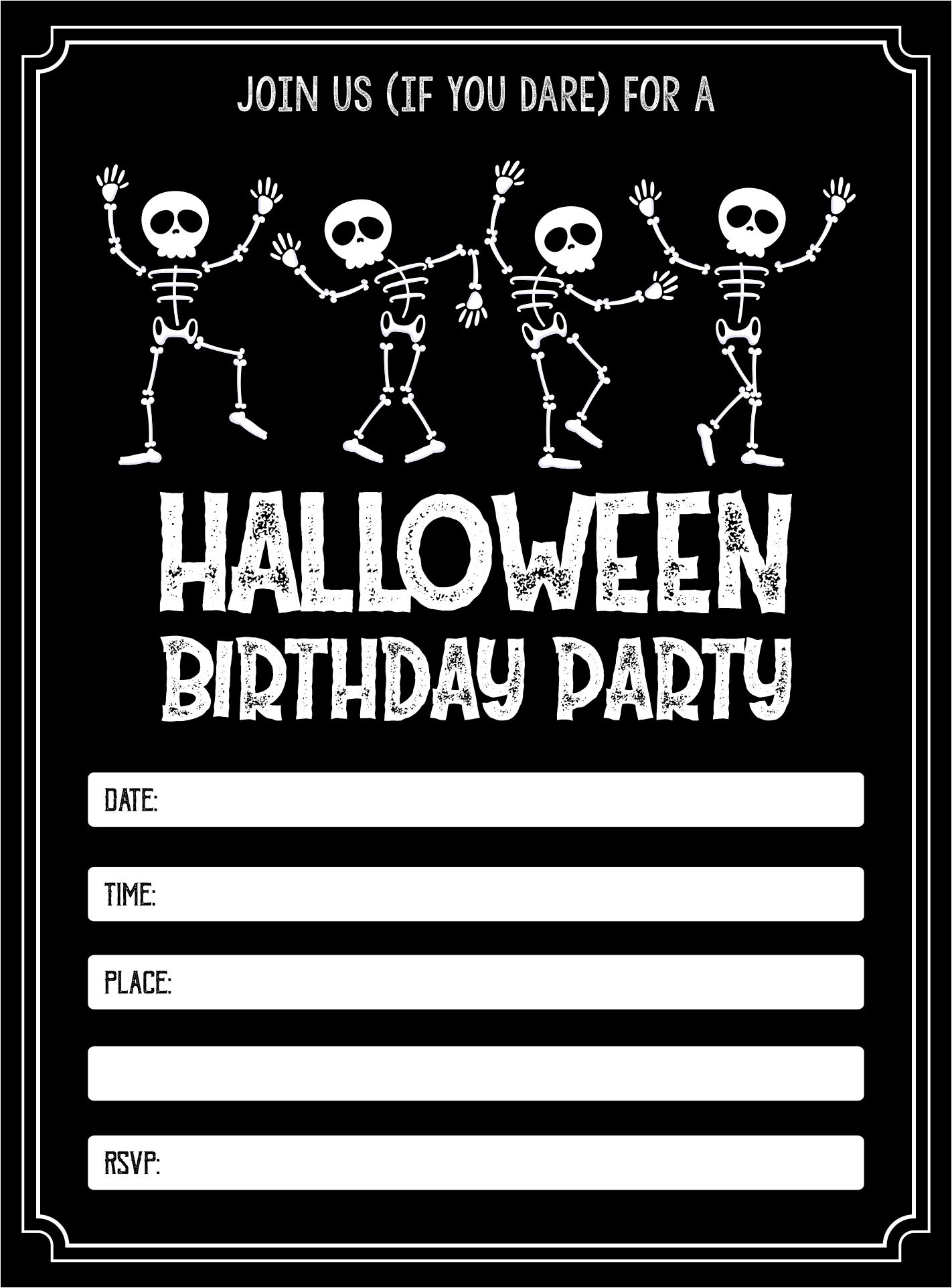 Halloween Birthday Invitation Skeleton Black And White Printable