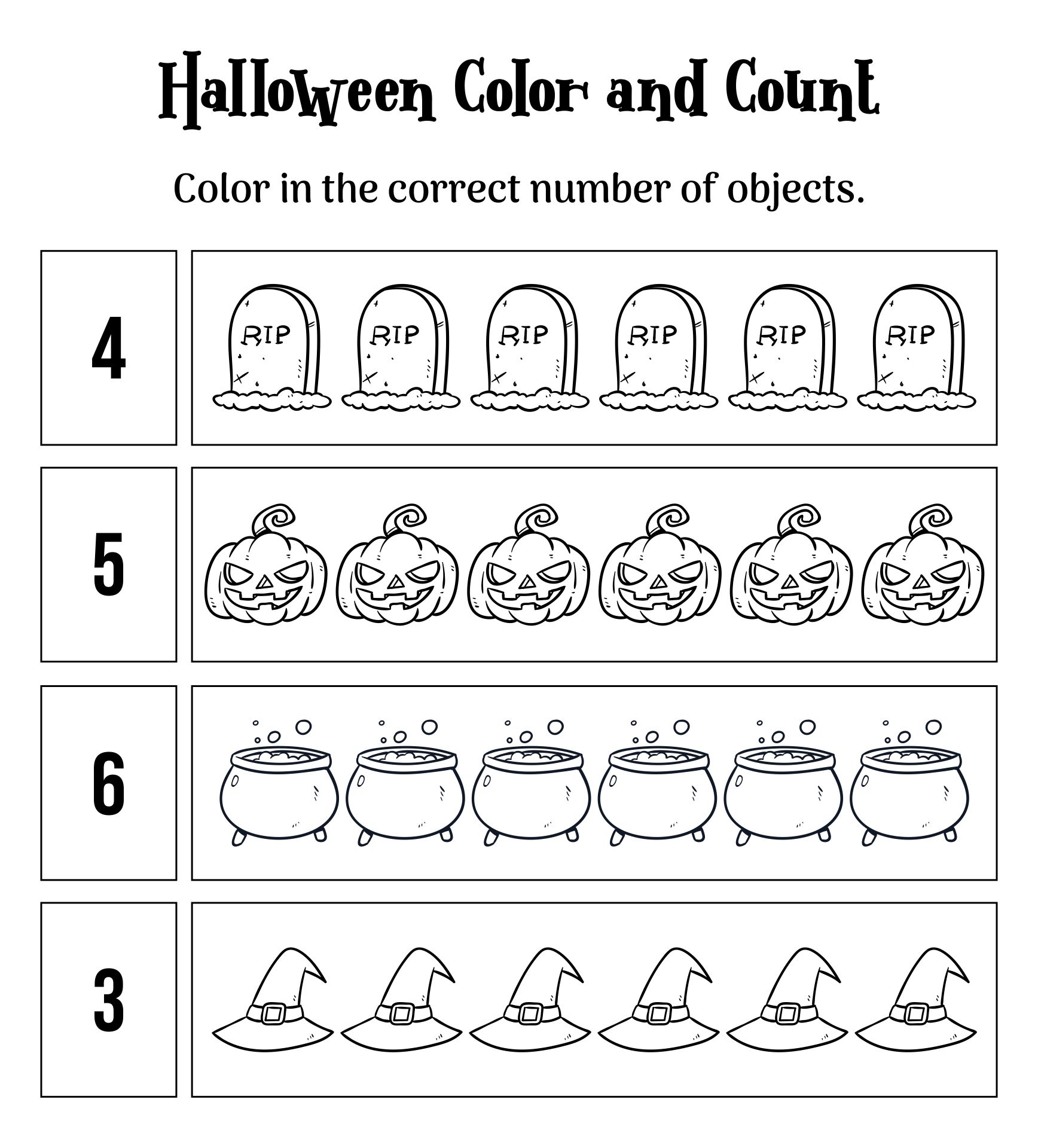 Halloween Color And Count Preschool Printables