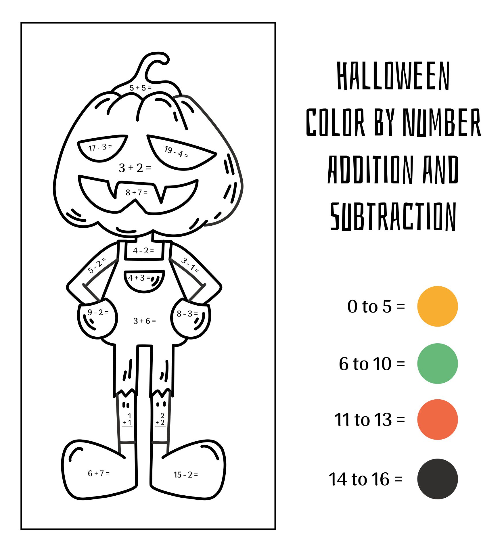 Halloween Color By Number Addition And Subtraction Printable