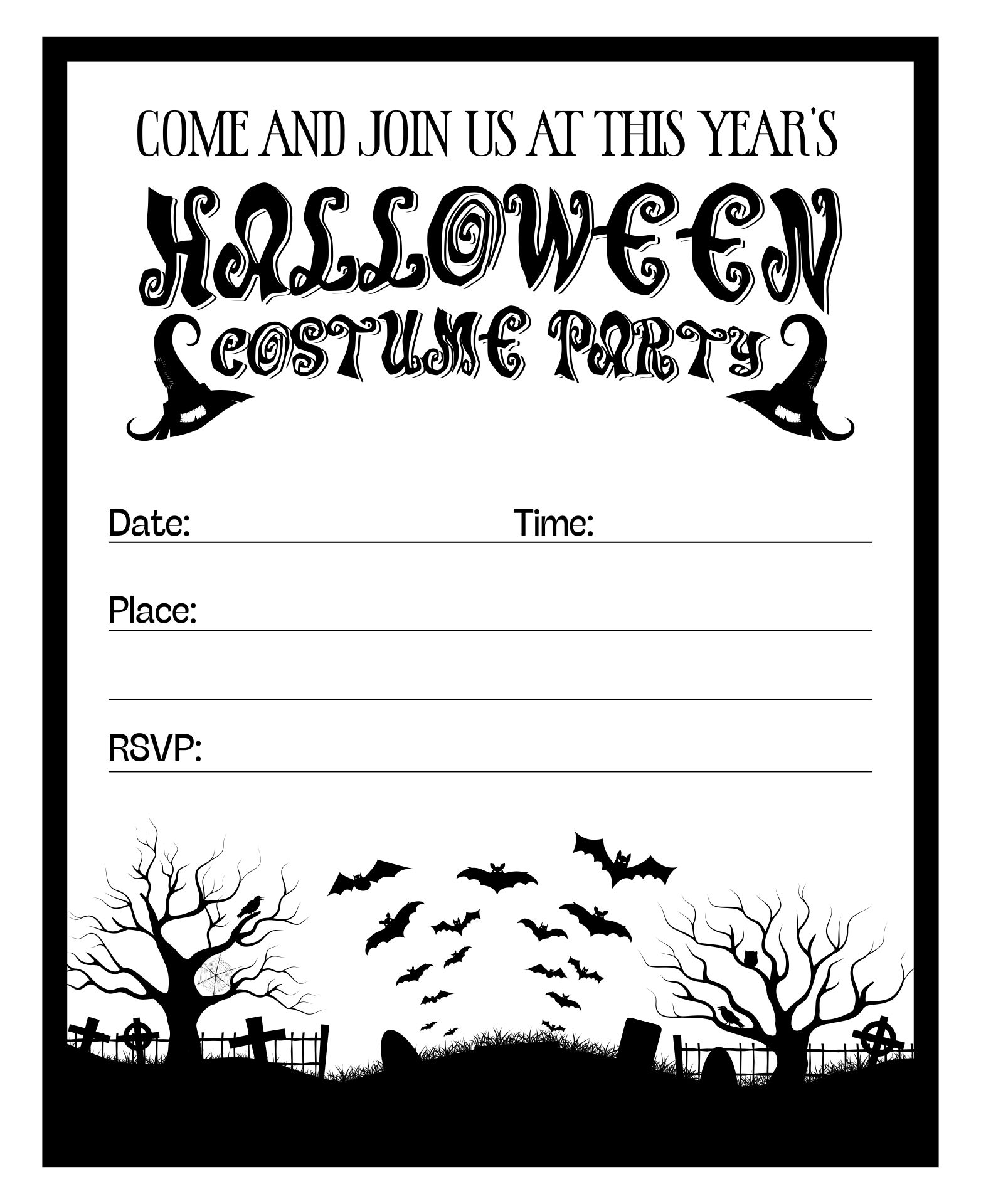 Halloween Costume Birthday Party Invitations Printable Black And White
