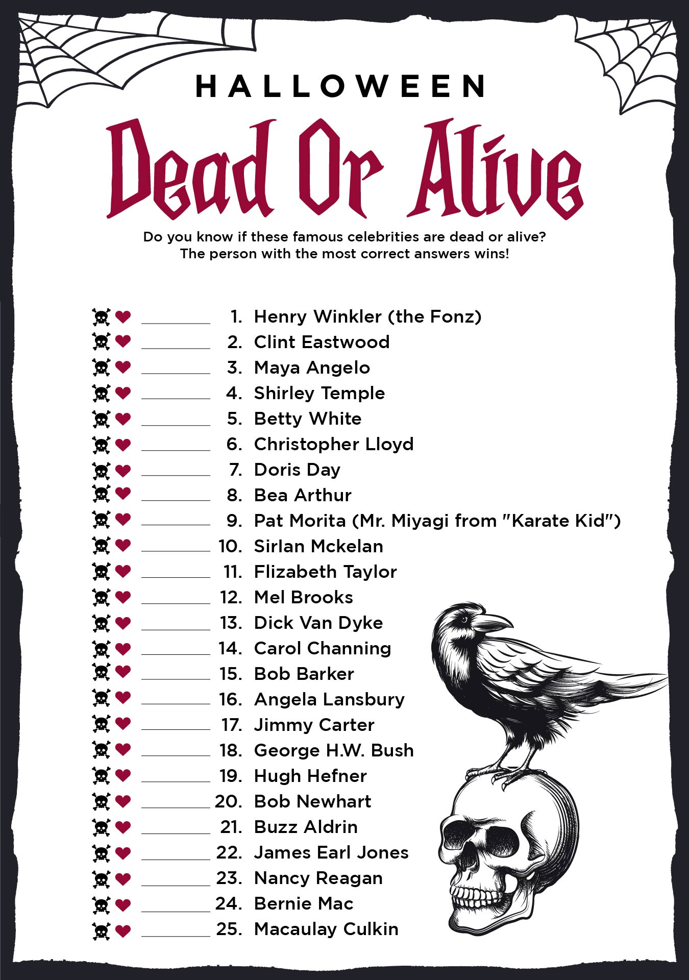 Halloween Game Dead Or Alive Party Printable Game For Adults
