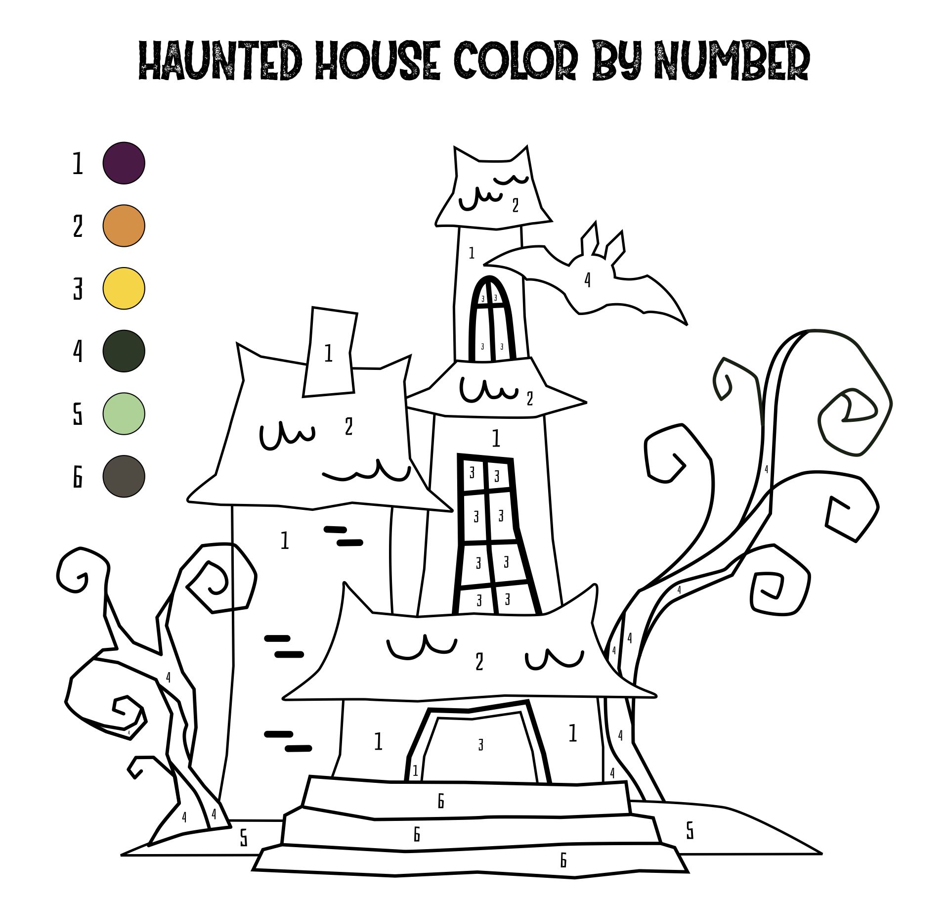 Halloween Haunted House Color By Number Printable Coloring Page