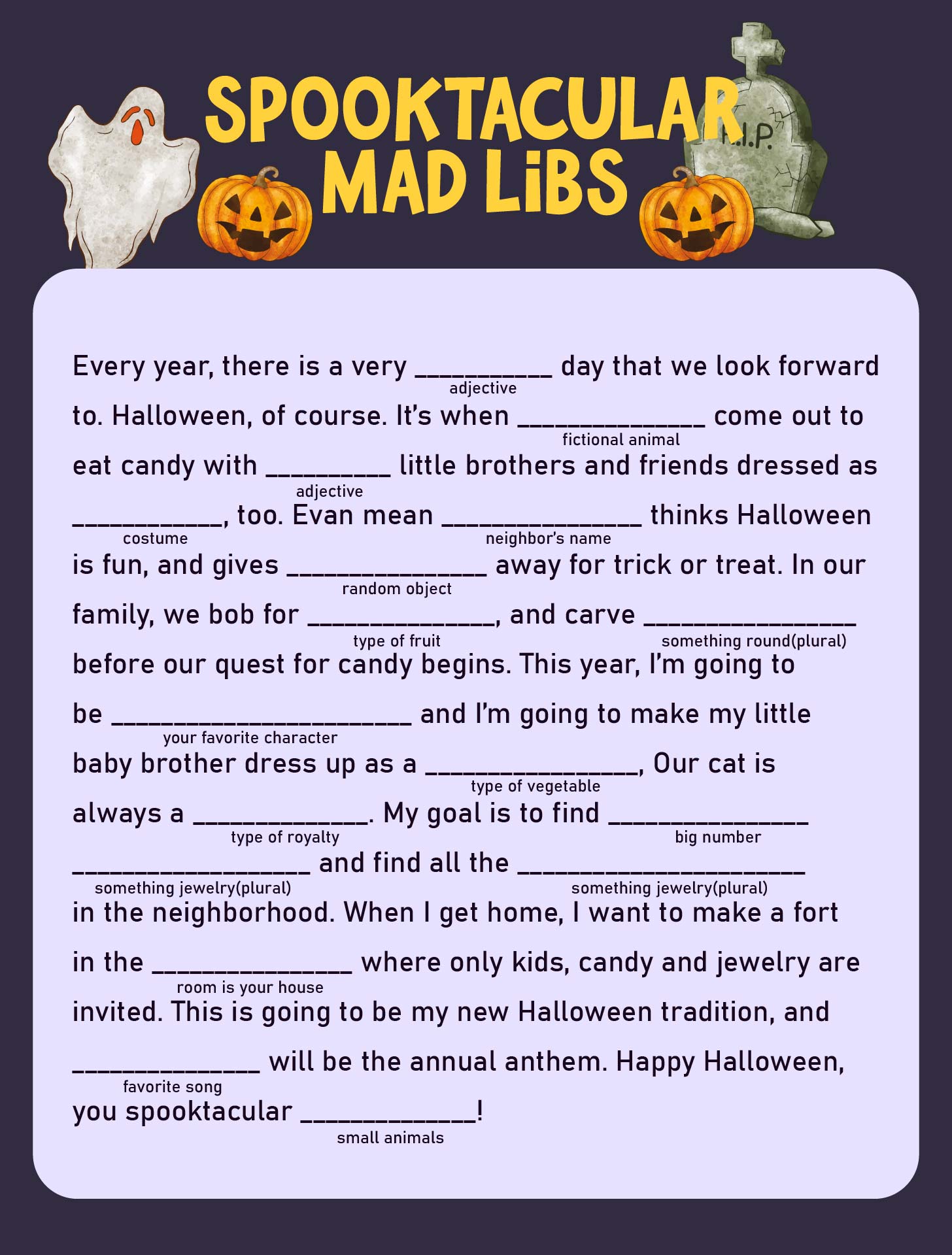 Halloween Mad Libs 1st Grade Printable