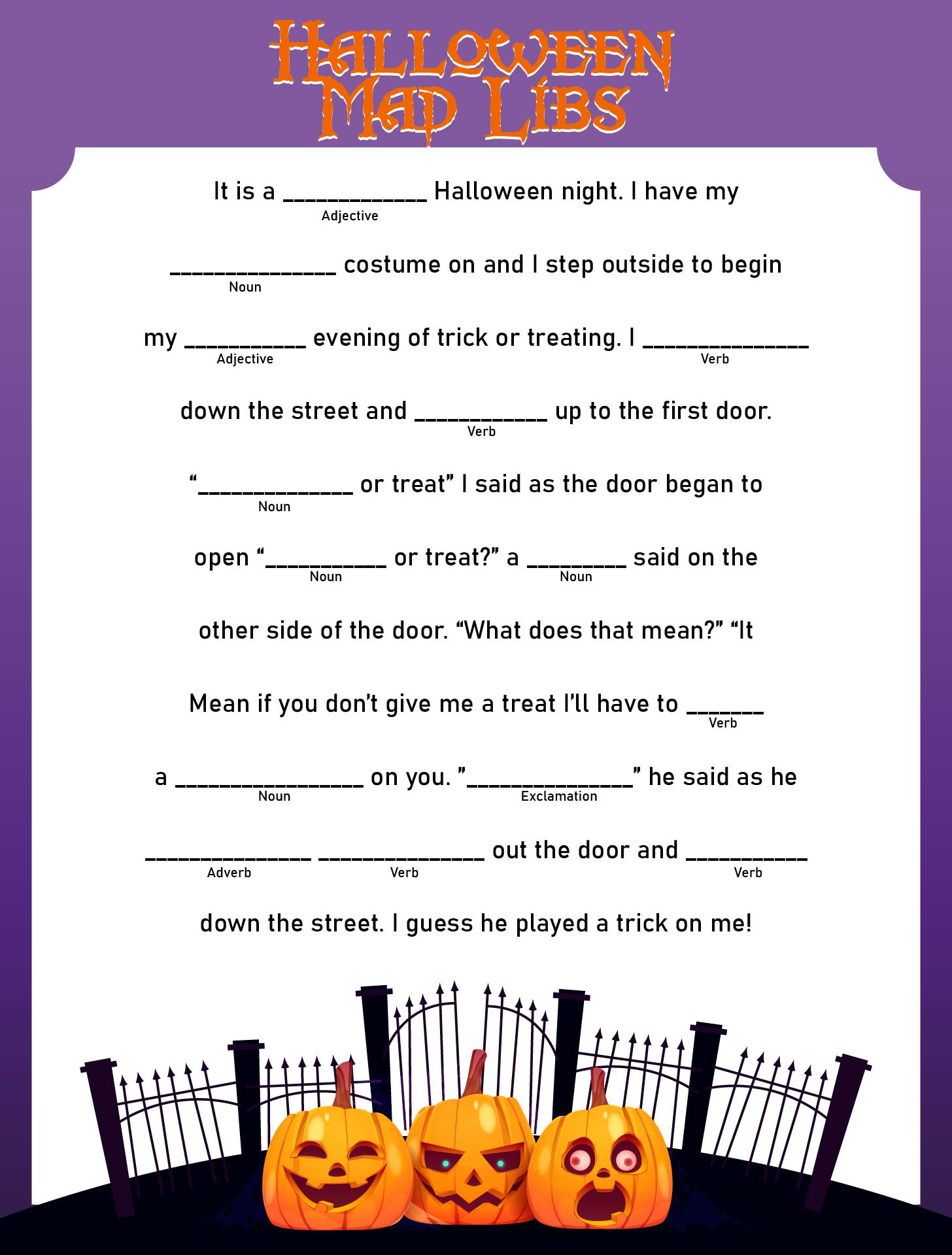 Halloween Mad Libs For Kids Printable Worksheet