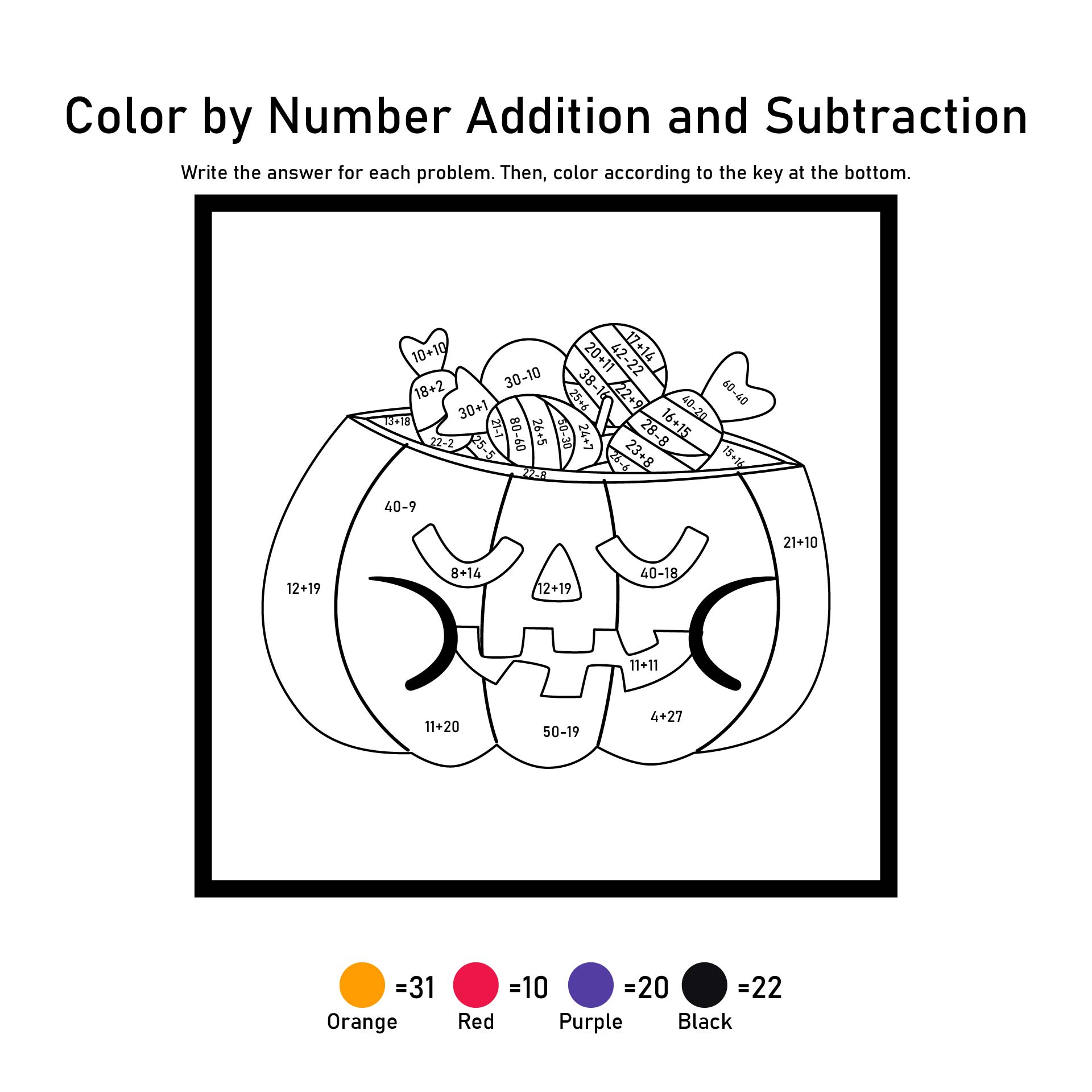 Halloween Math Fact Coloring Page Printable