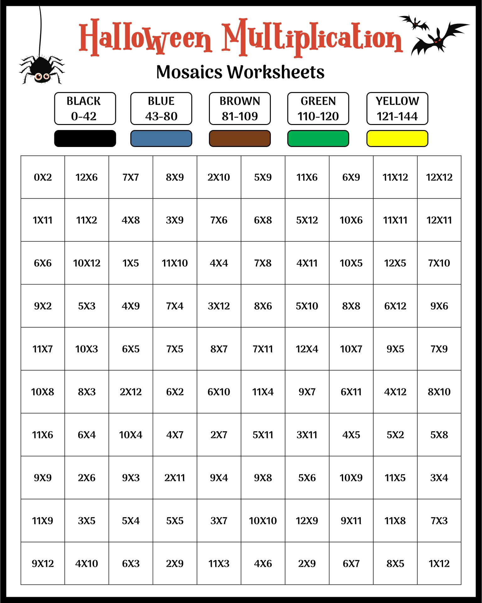 Halloween Multiplication Mosaics Worksheets Printable