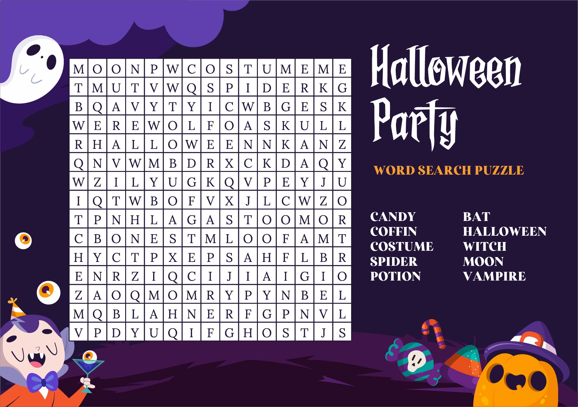 Halloween Party Word Search Puzzle Printable
