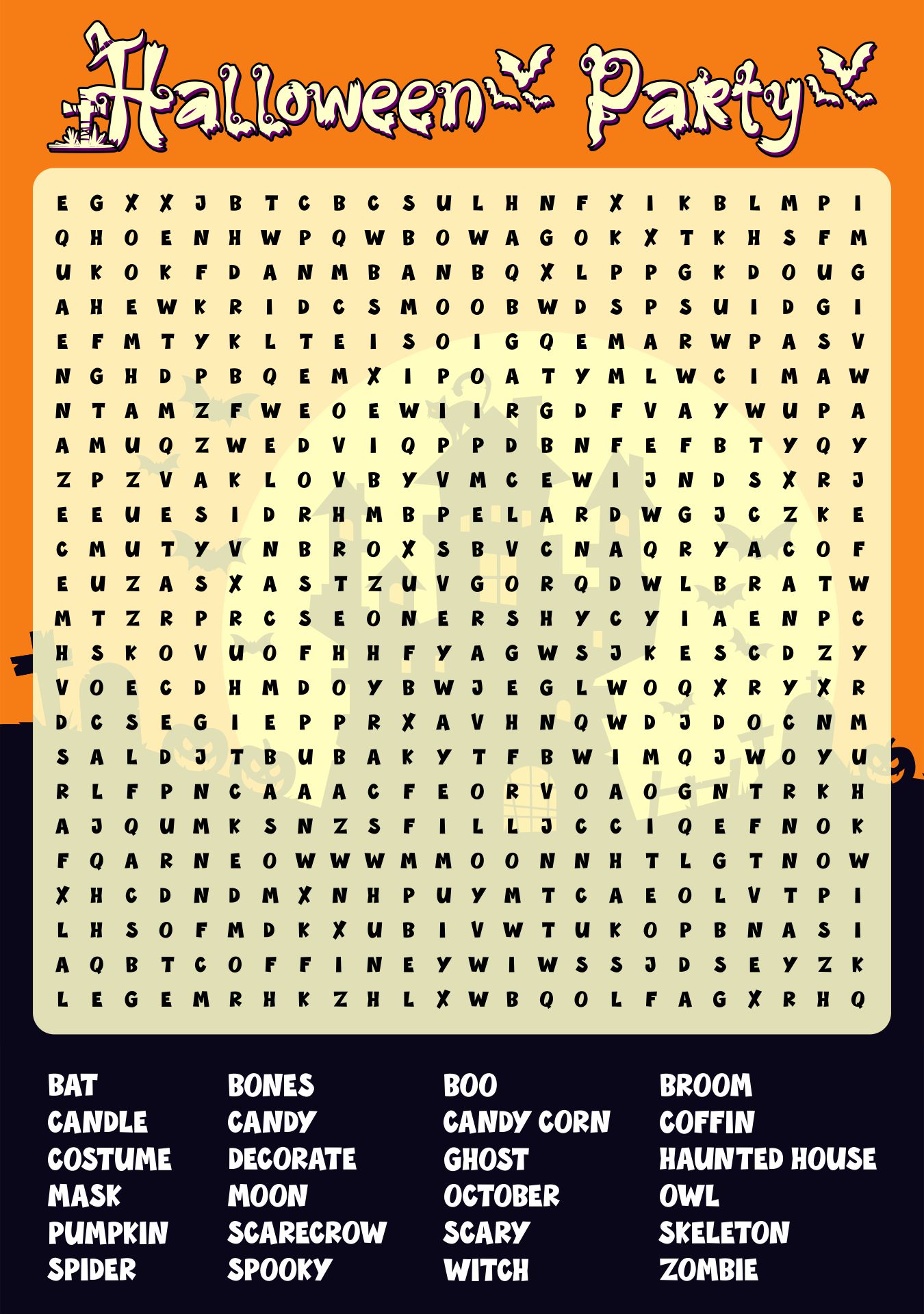 Halloween Party Word Search Puzzle Printable