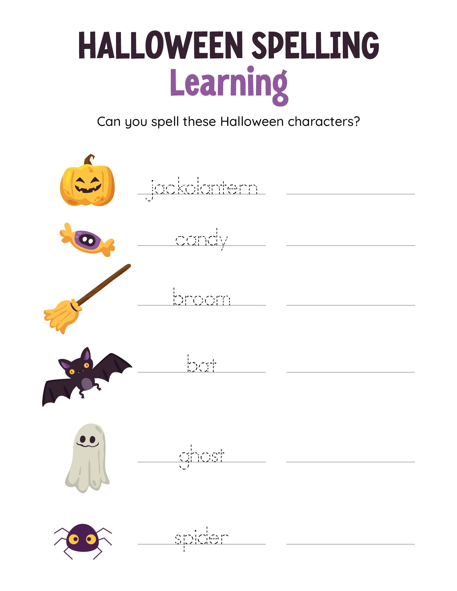 Halloween Spelling Learning Worksheet Printable