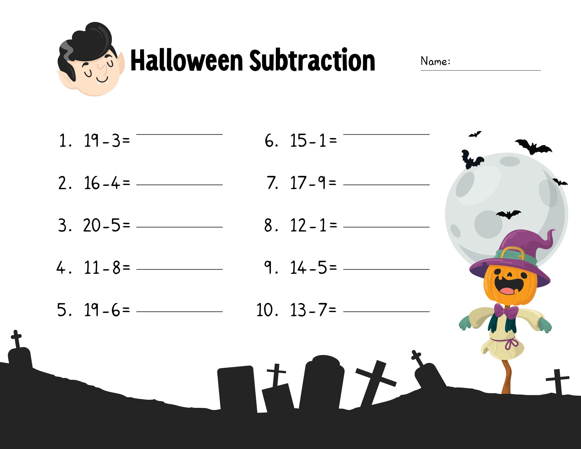 Halloween Subtraction Worksheet Up To 10