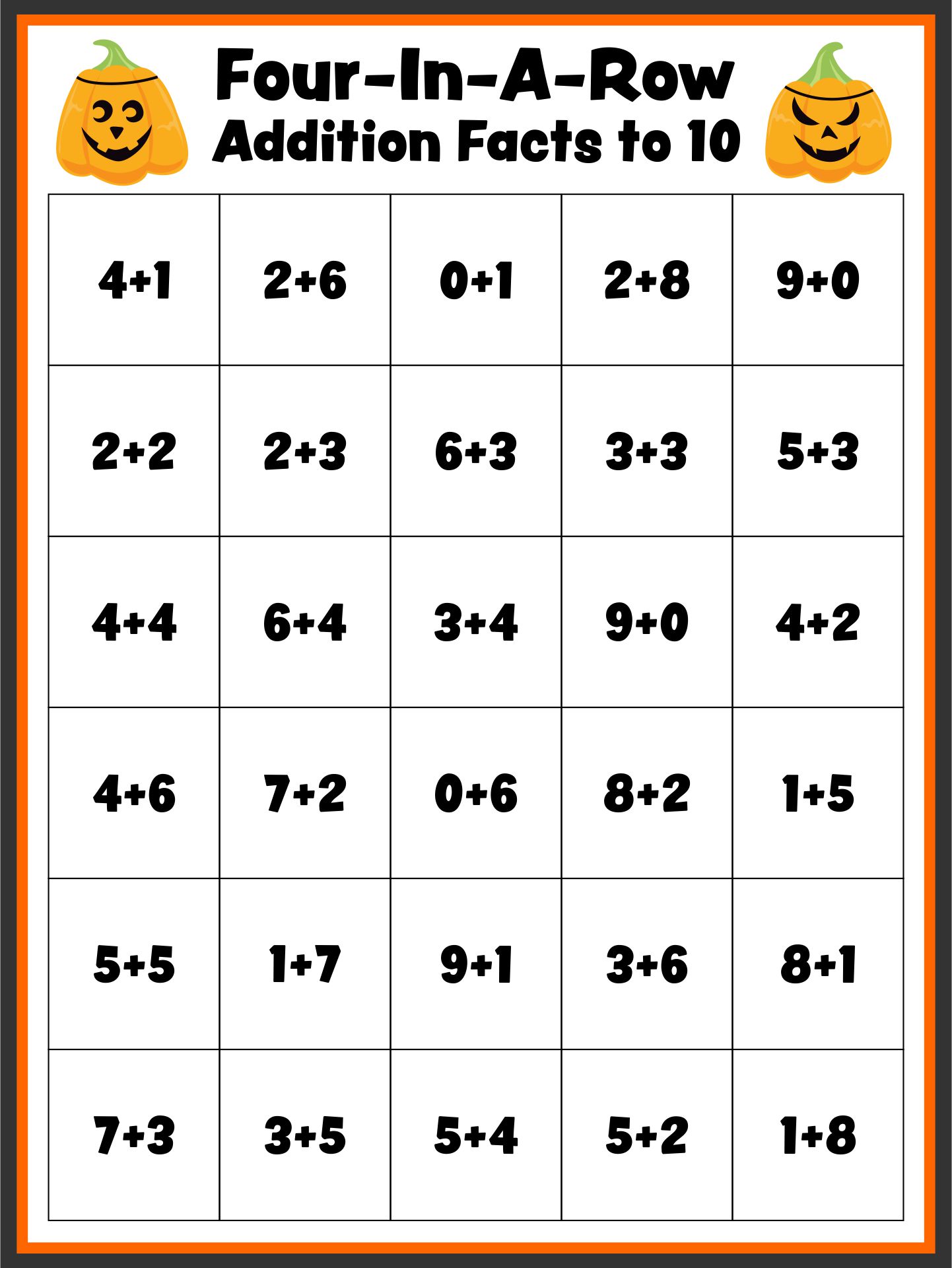 Halloween Themed 4-In-A-Row Game Boards For Math Printable
