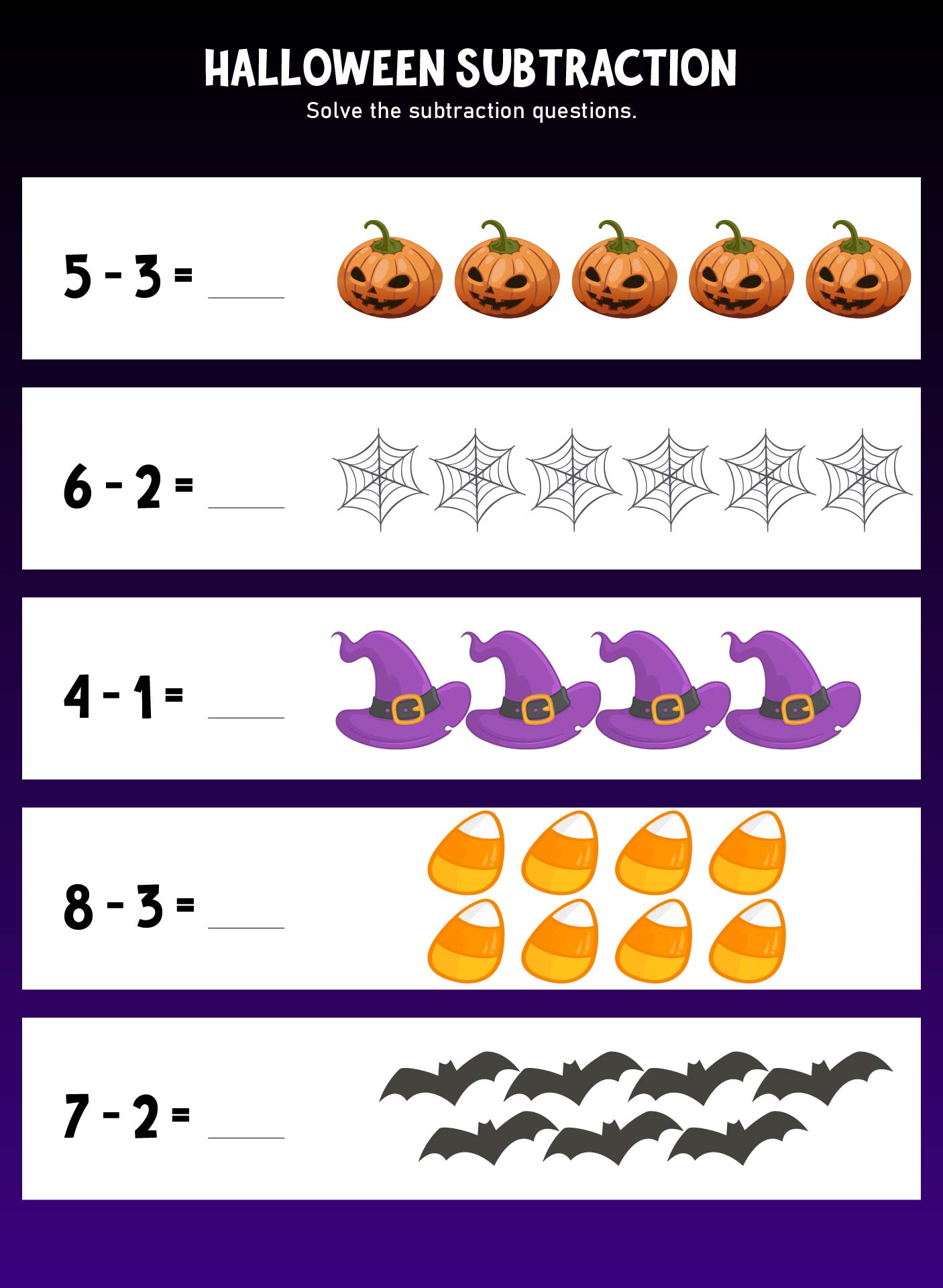 Halloween Themed Worksheet Kindergarten Subtraction Printable