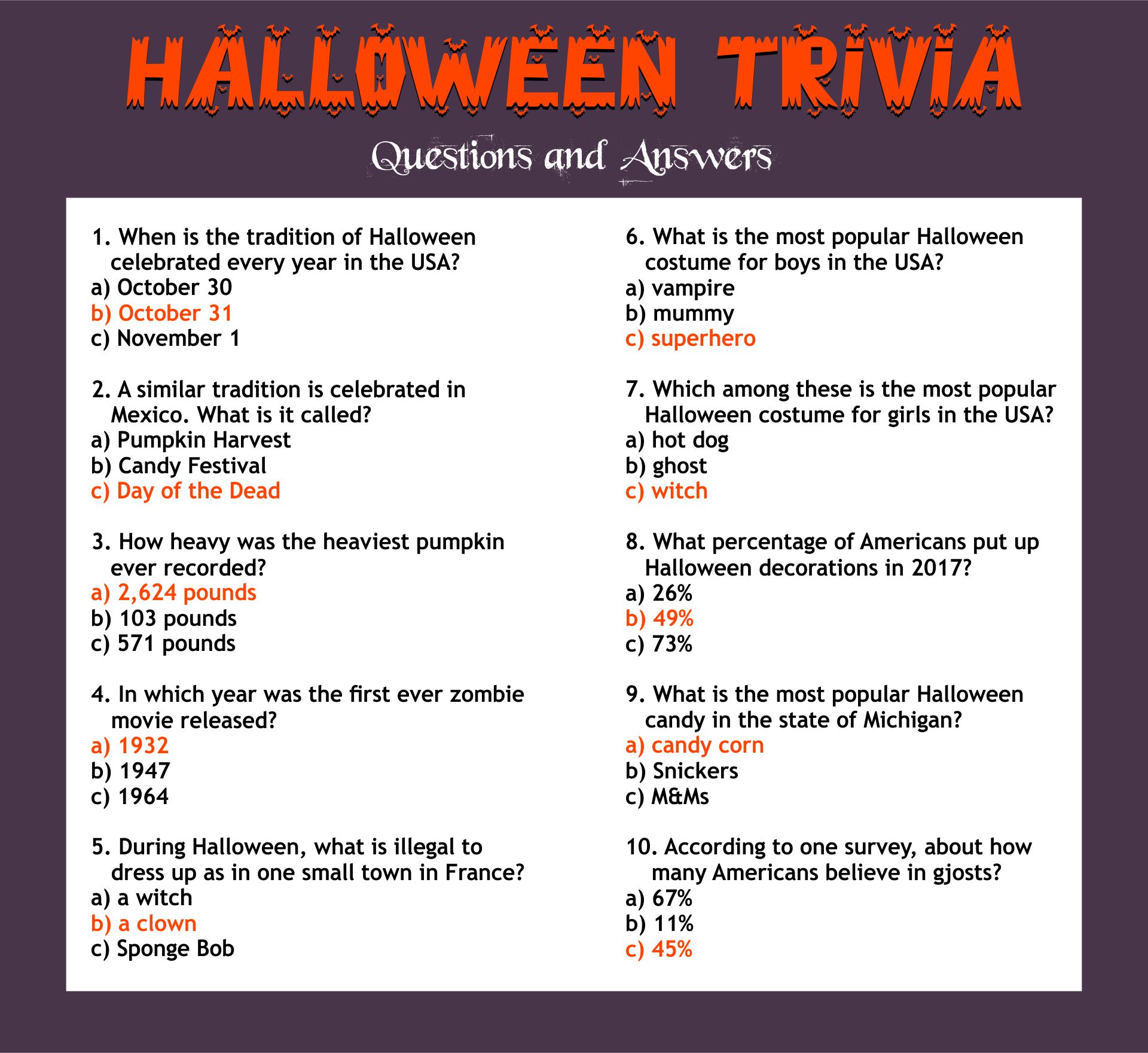 Halloween Trivia Questions And Answers Game Printable