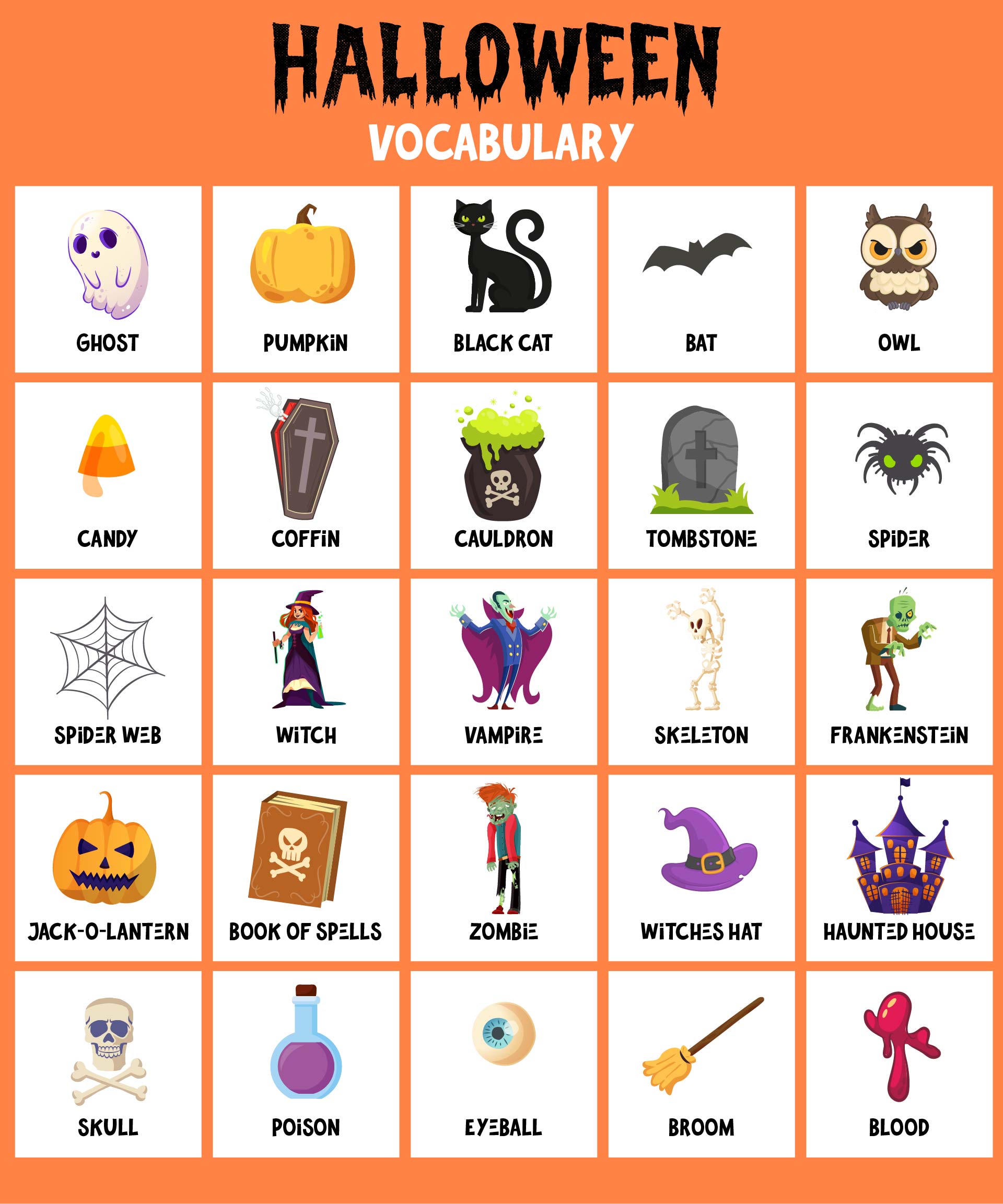 Halloween Vocabulary For Kids Learning English Printable
