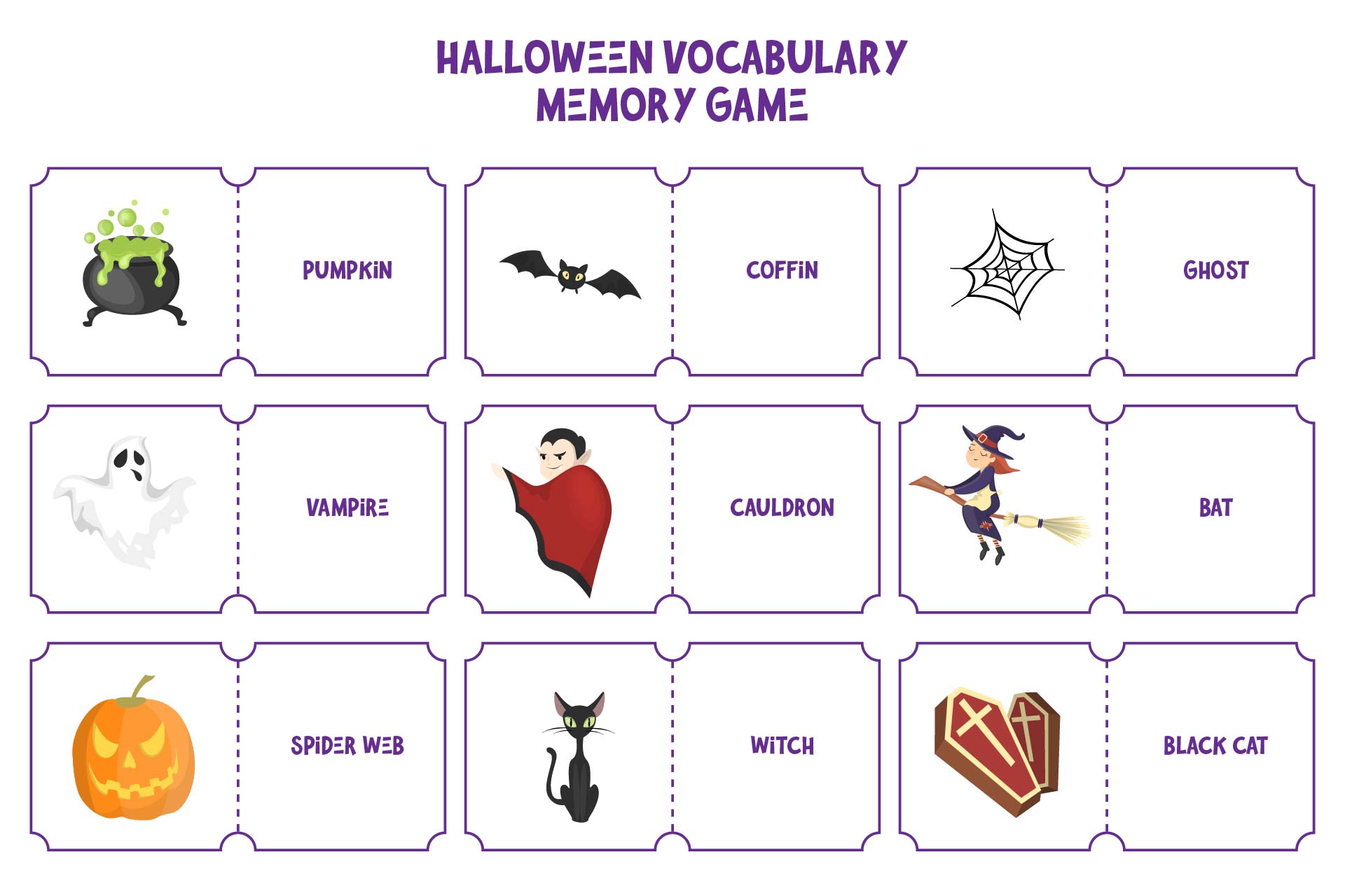 Halloween Vocabulary Memory Game For Kids Printable