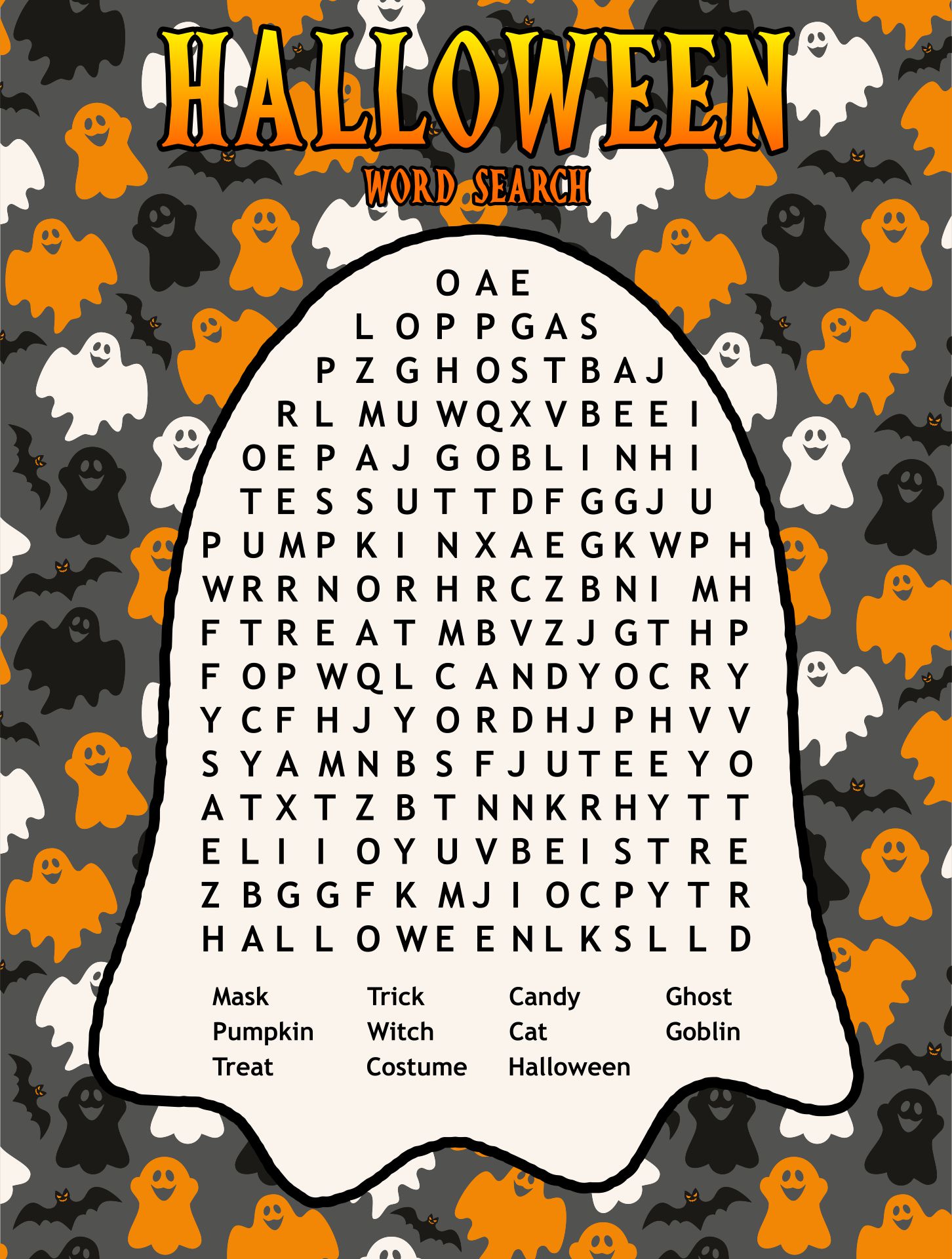 Halloween Word Search Ghost Shape Printable Games