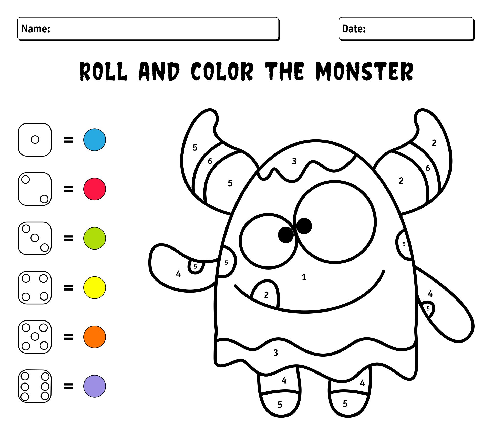 Monster Math Roll And Color Printable