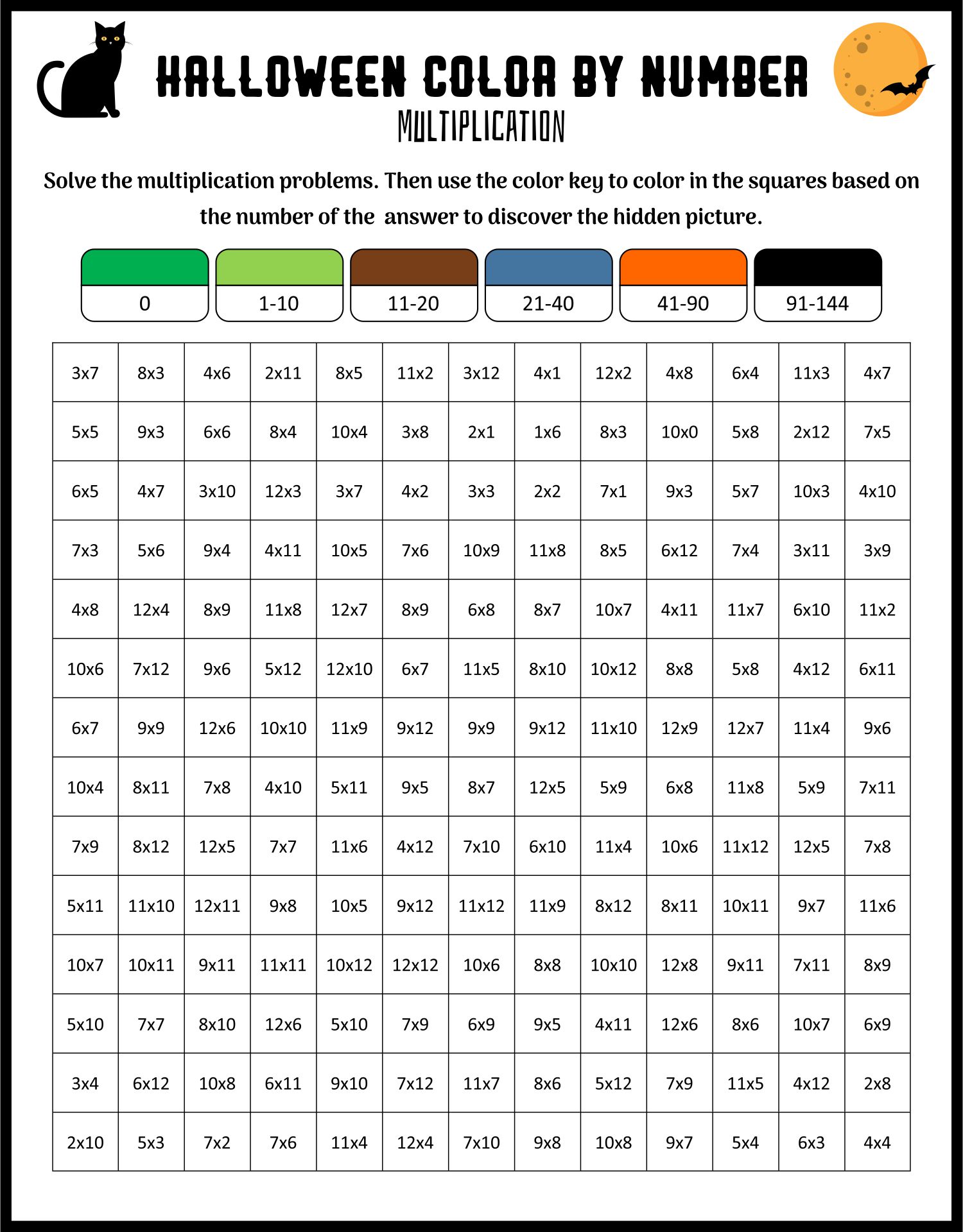 Multiplication Color By Code Worksheets Halloween Printable