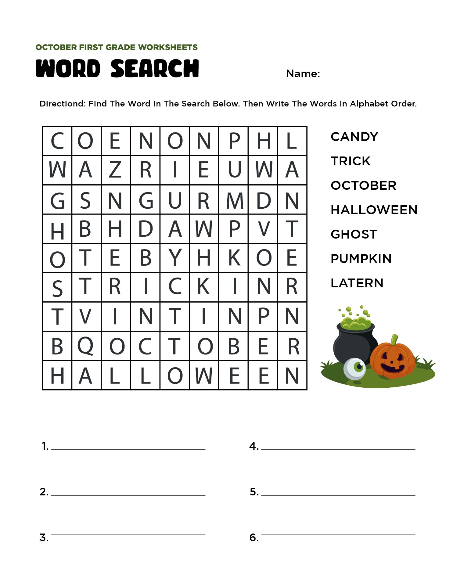 October First Grade Worksheets Halloween Word Search Printable