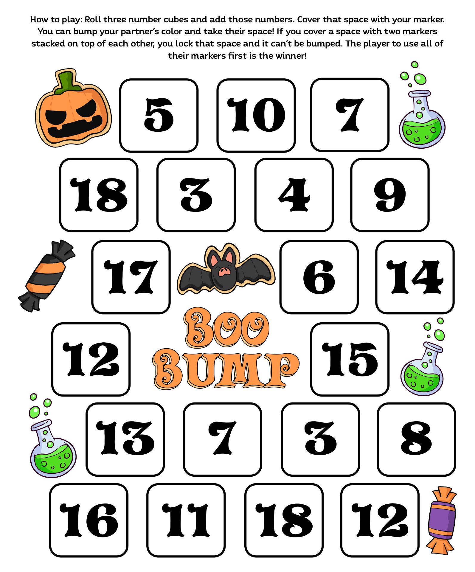 Printable Boo Bump Halloween Math Game