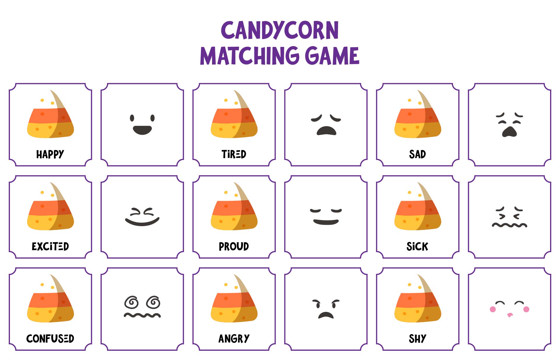 Printable Candy Corn Emotions Memory Matching Game