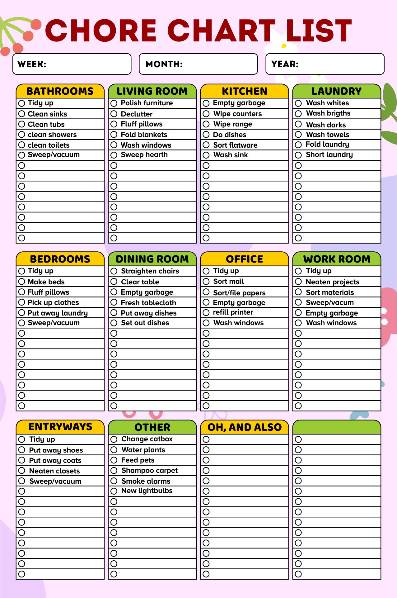 Printable Chore Chart List For Adults