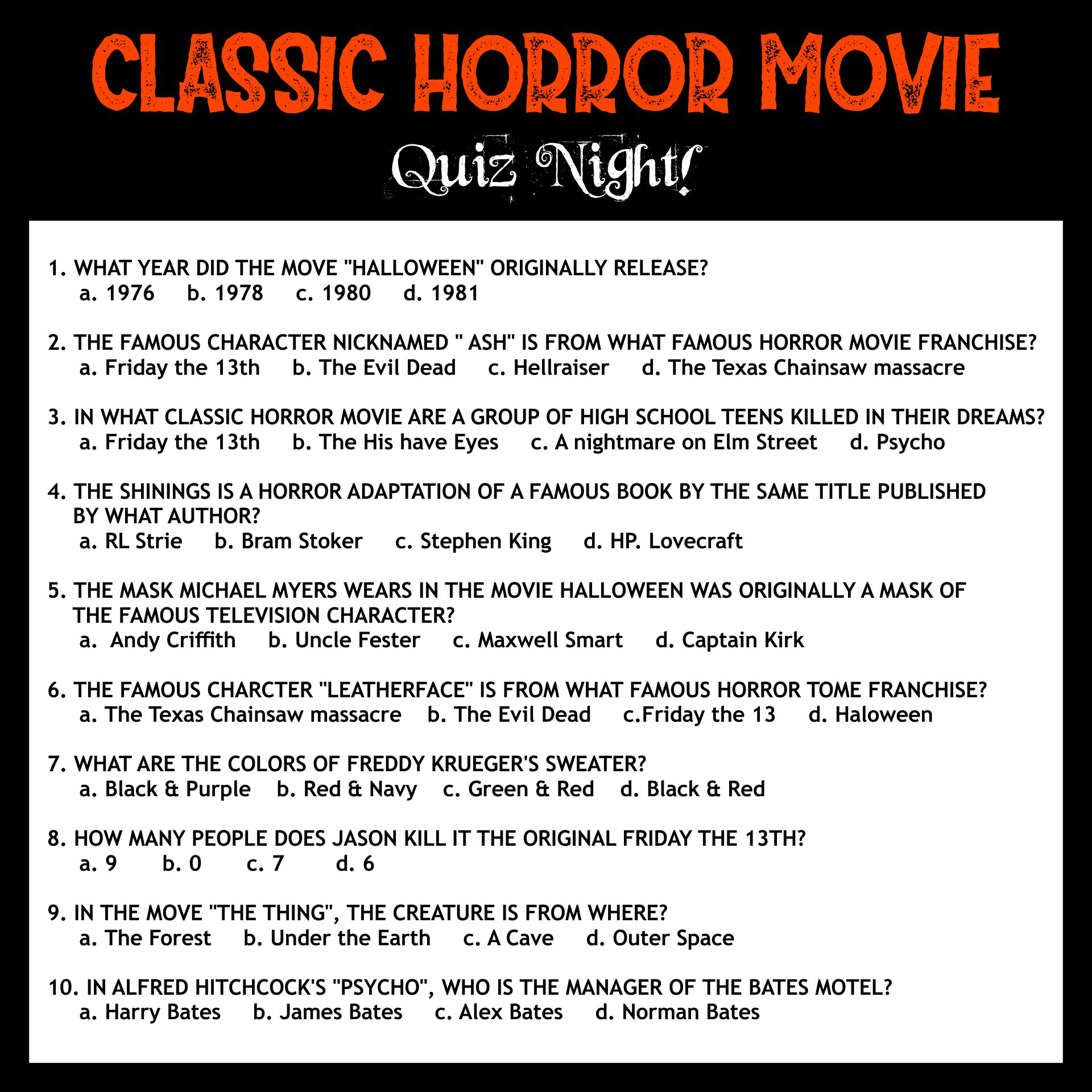 Printable Classic Horror Movie Trivia Game