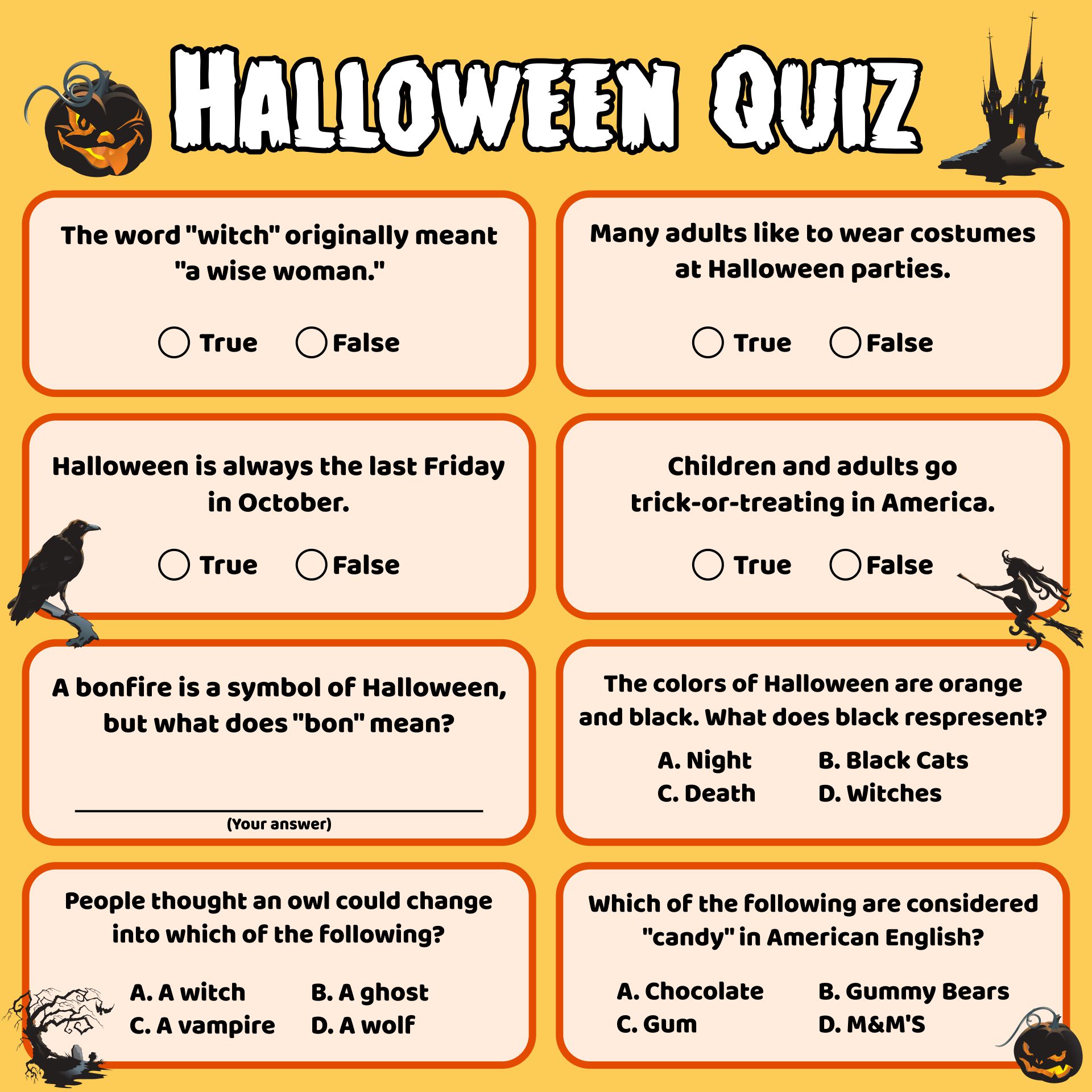 Printable Easy Halloween Quiz For English Classes