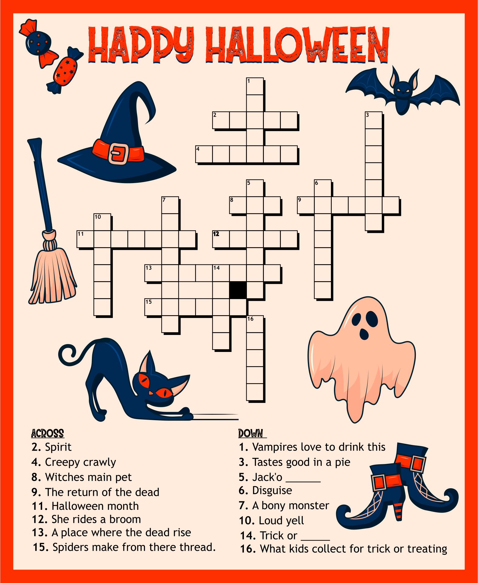 Printable Educational Children Game Halloween Crossword