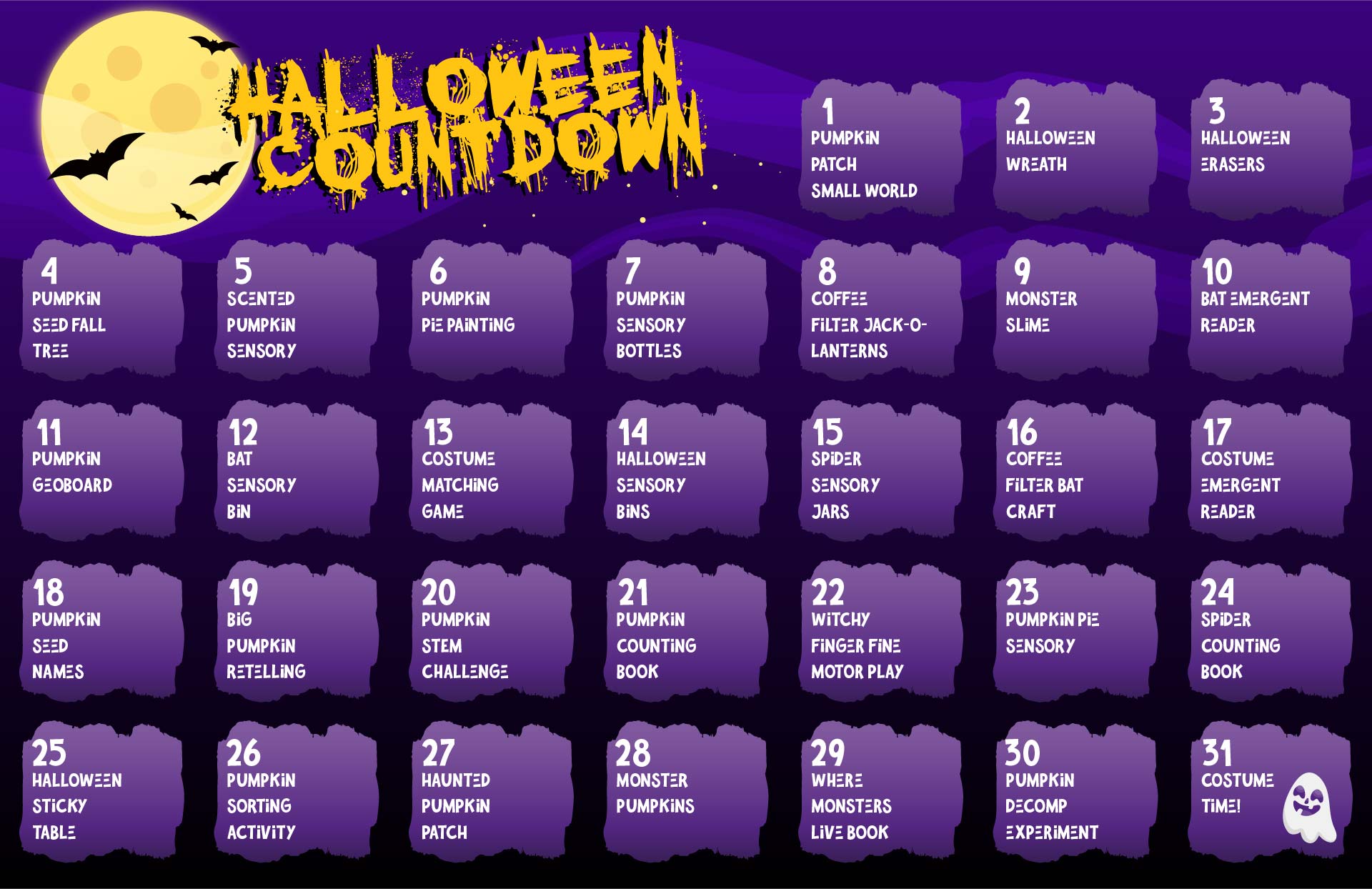 Printable Halloween Countdown Calendar With Activities For Kids