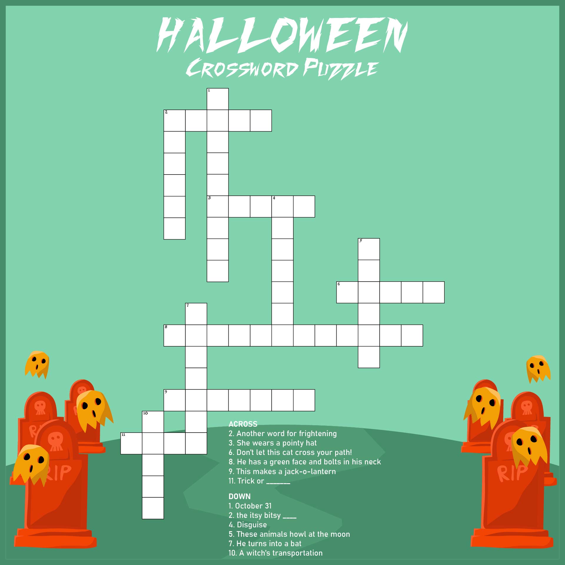 Printable Halloween Crossword Medium Difficulty Worksheet For 2nd - 5th Grade