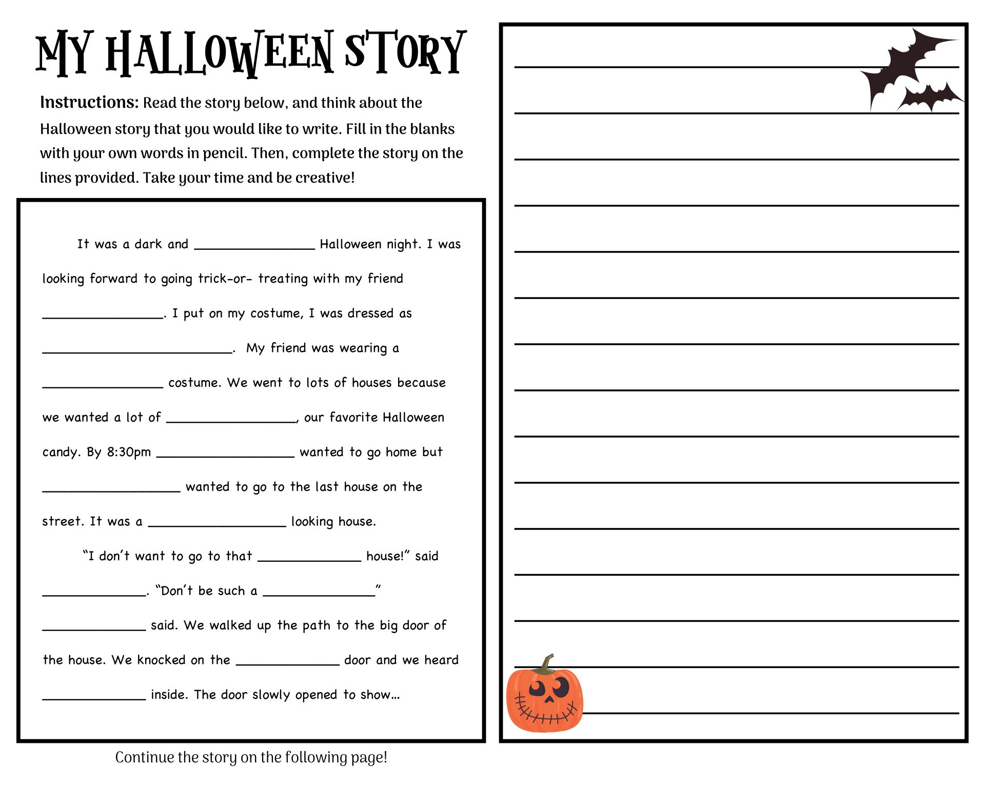 Printable Halloween Fill In The Blank Story Worksheet