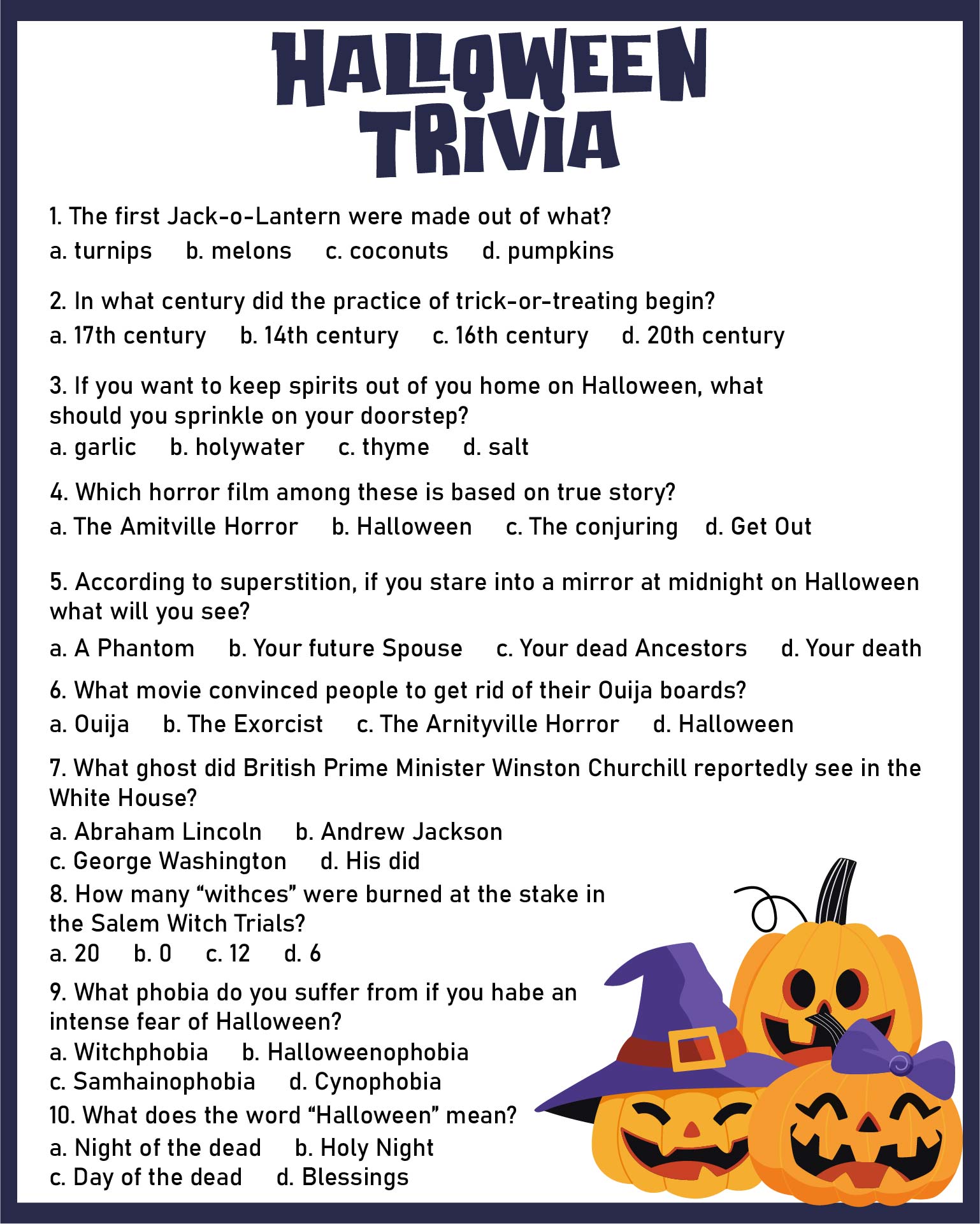 Printable Halloween Holiday Brain Games Trivia Quizzes