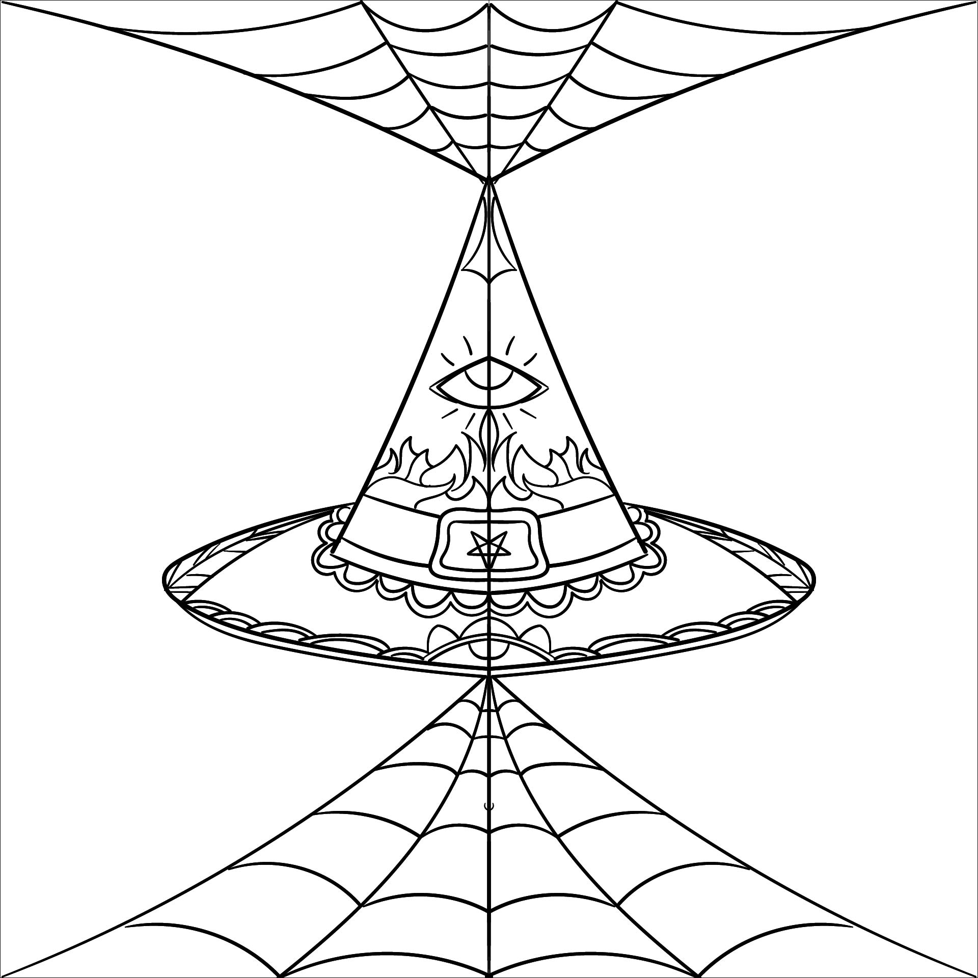 Printable Halloween Mandala With Witch Hats And Spider Web Coloring Page