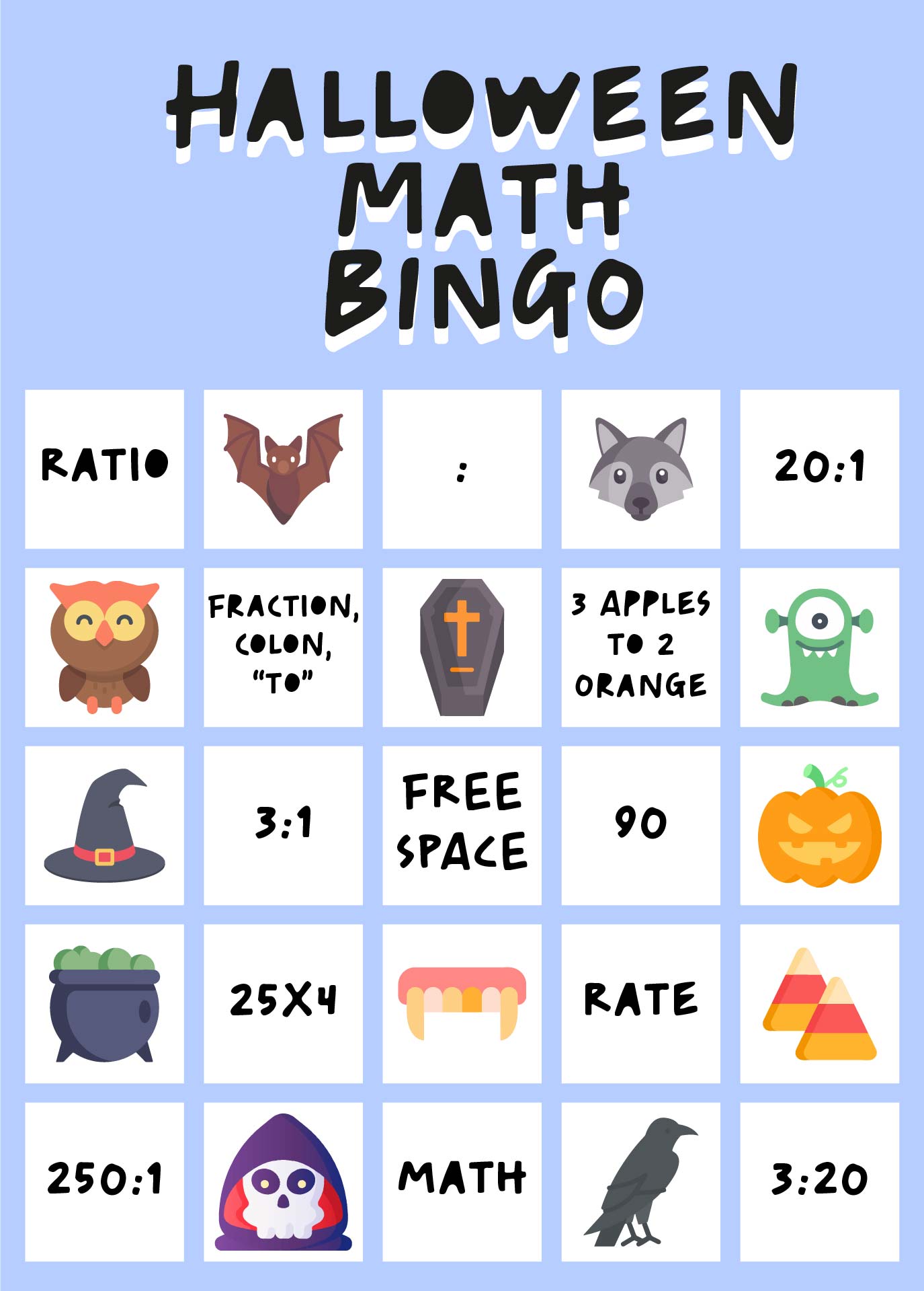 Printable Halloween Math Bingo Card