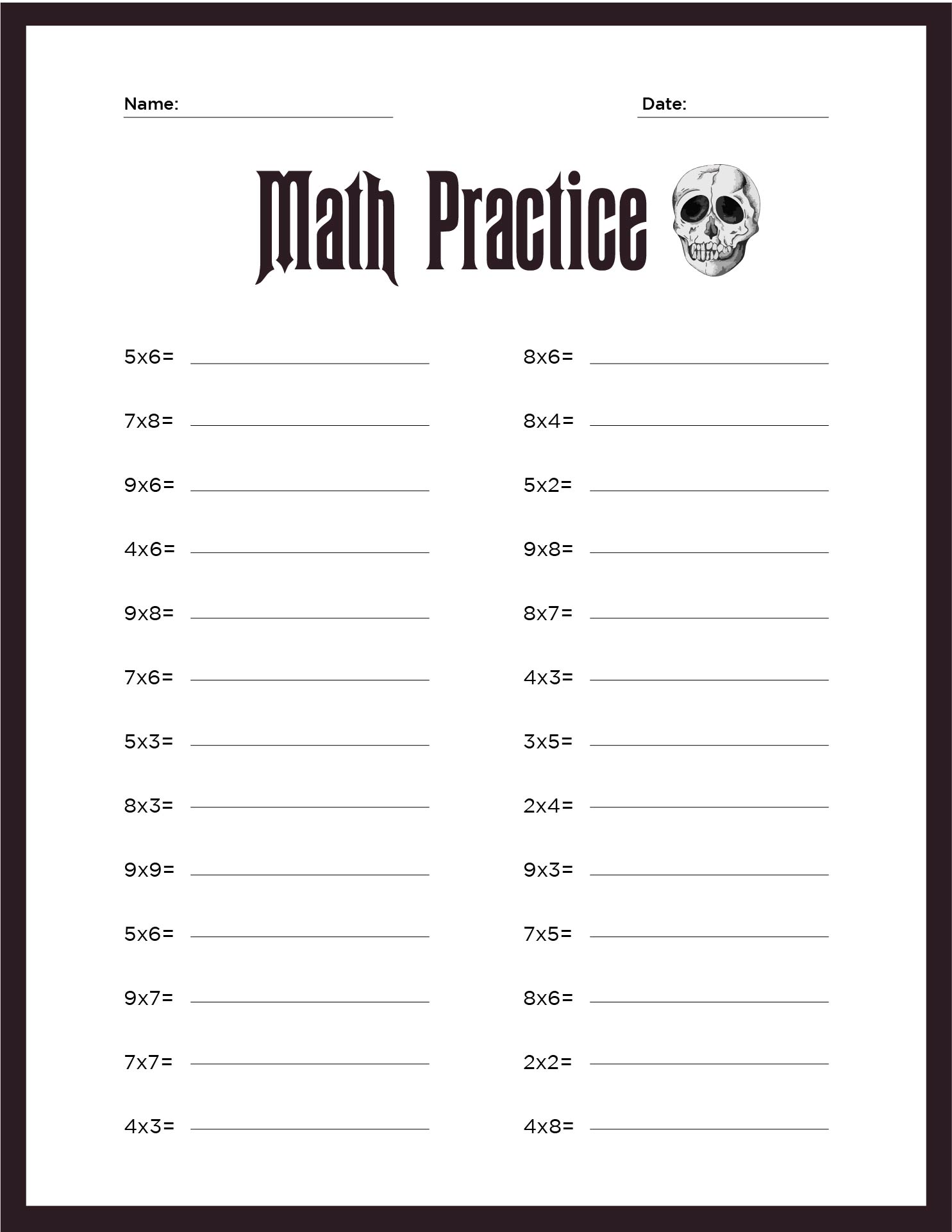 Printable Halloween Math Practice Page