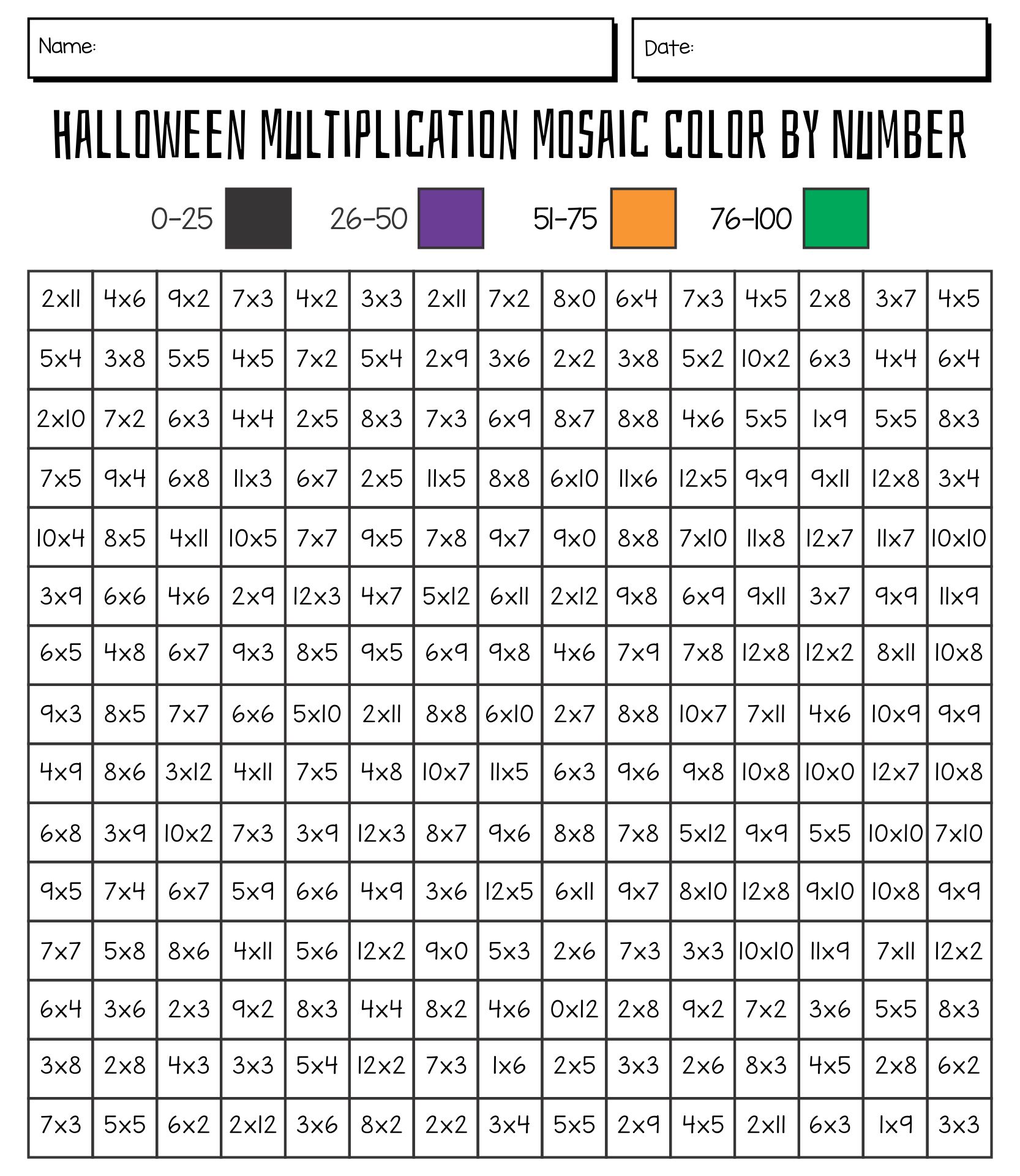 Printable Halloween Multiplication Mosaic-Color Worksheet