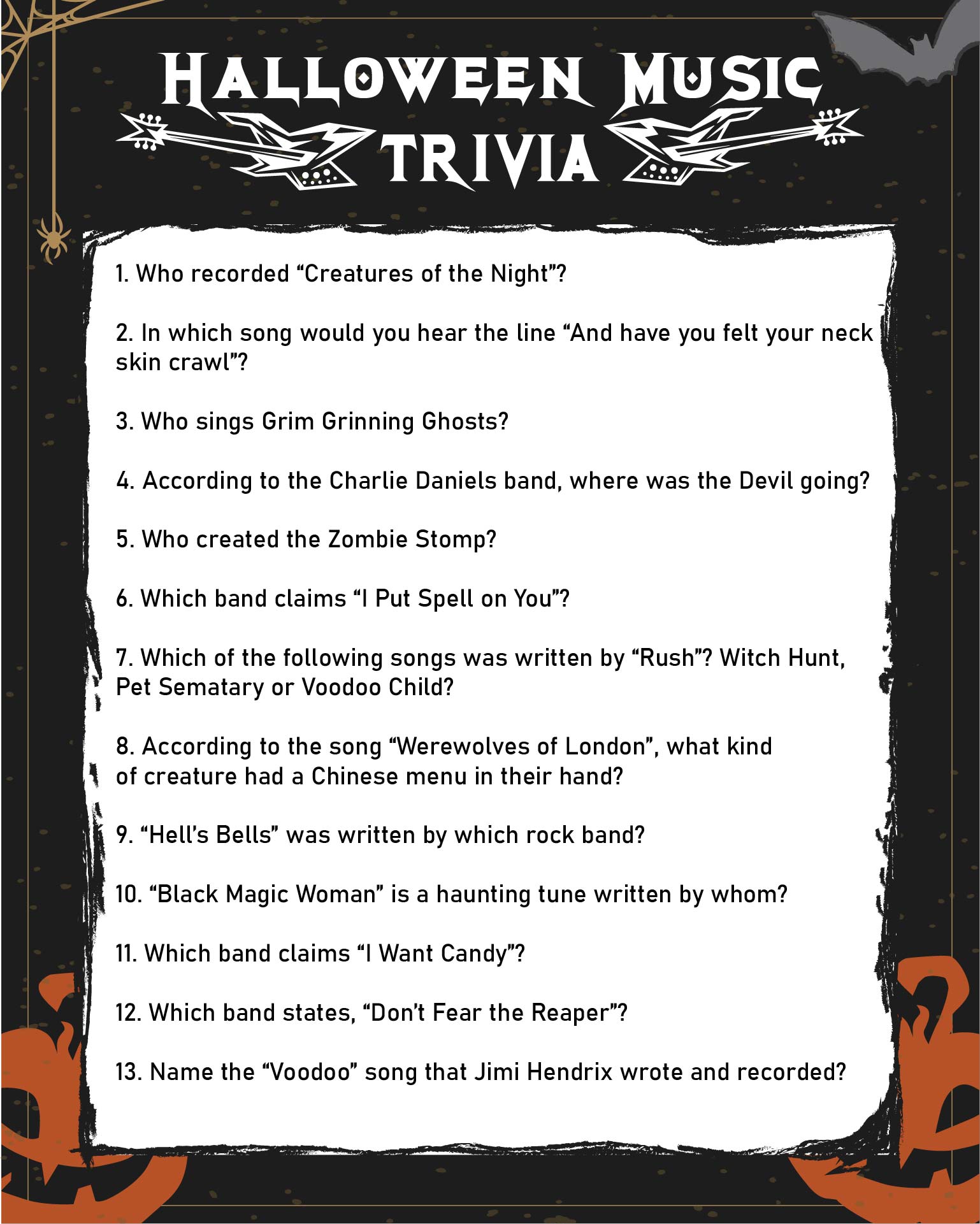 Printable Halloween Music Trivia Questions