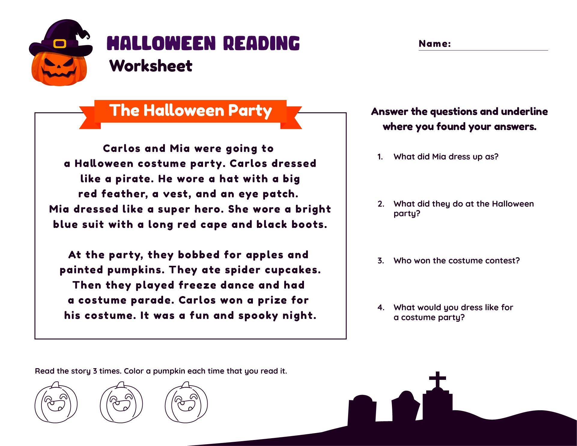 Printable Halloween Passage Reading Comprehension Worksheet