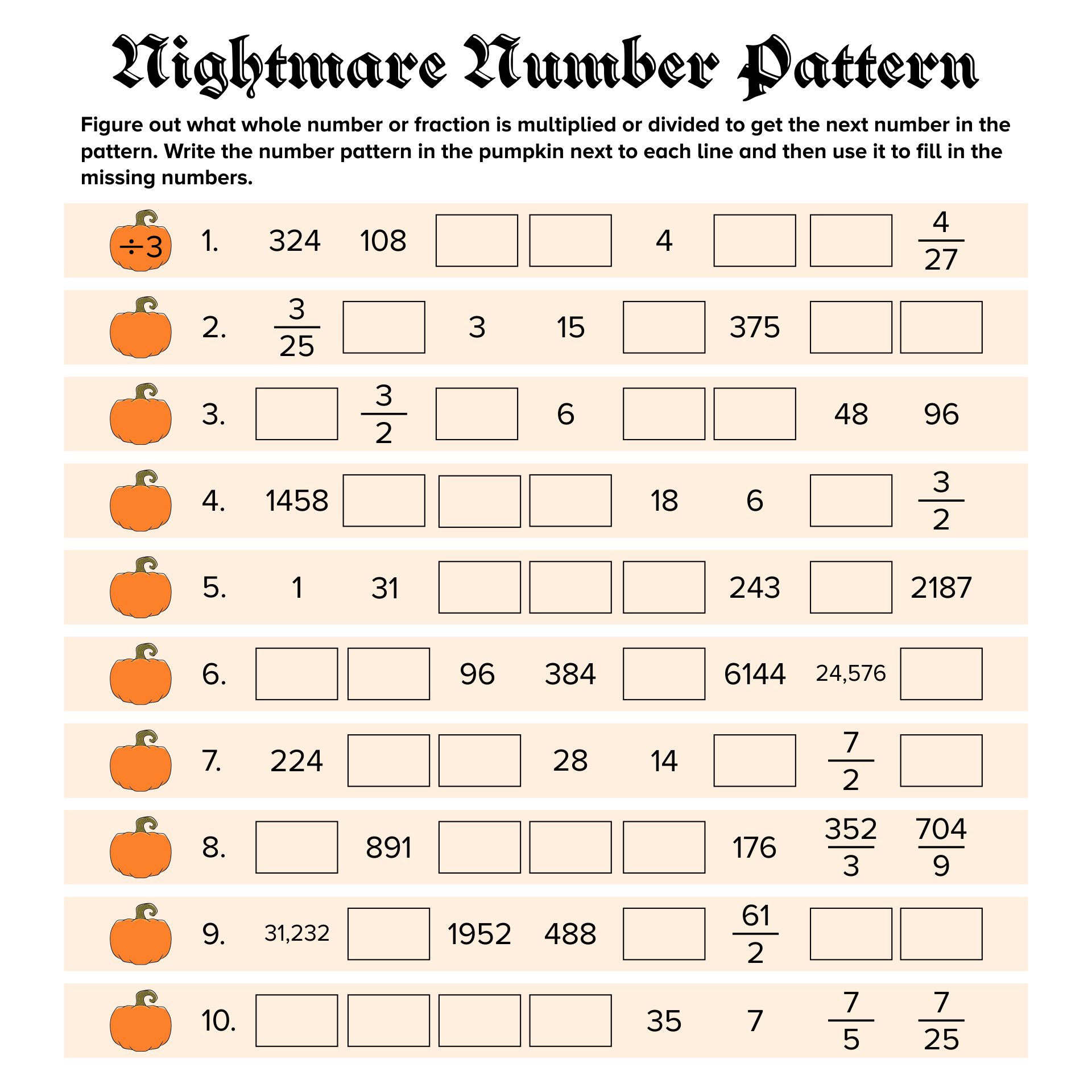 Printable Halloween Patterns Math Fractions Worksheet