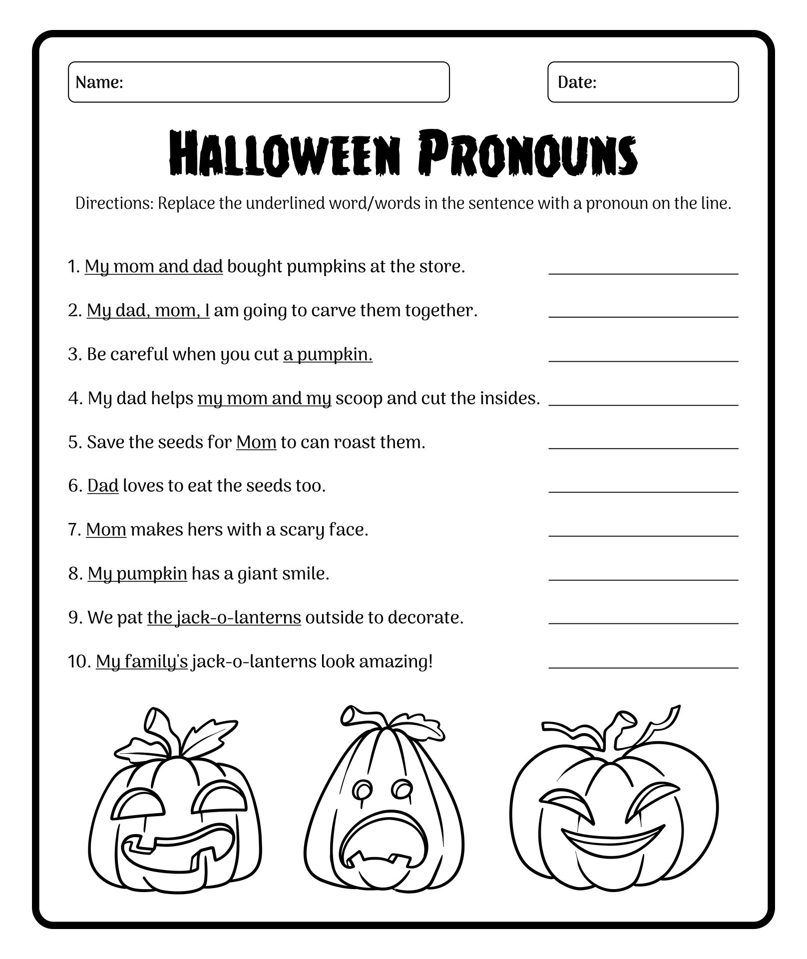Printable Halloween Pronouns Worksheet Language