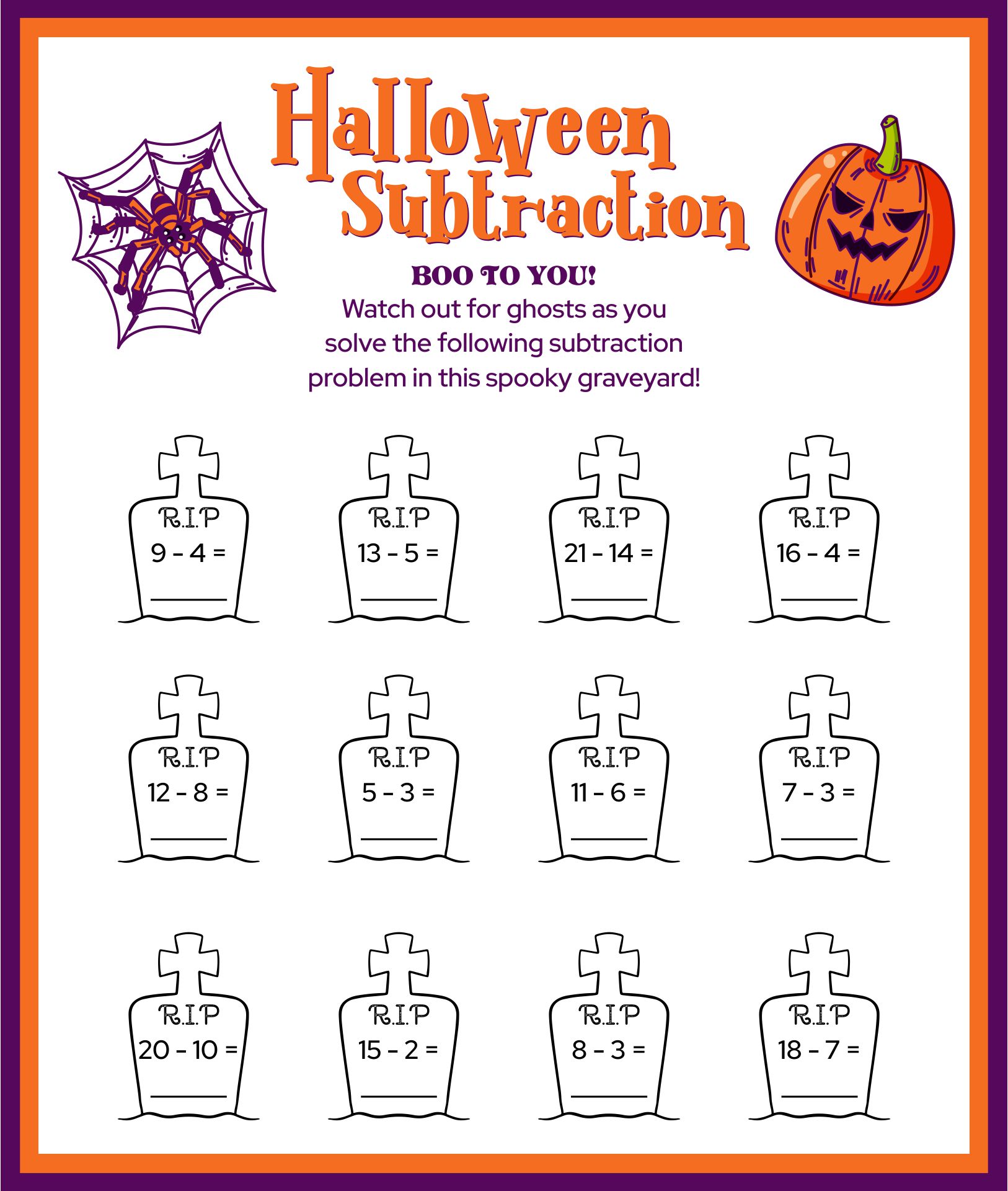 Printable Halloween Subtraction Worksheet