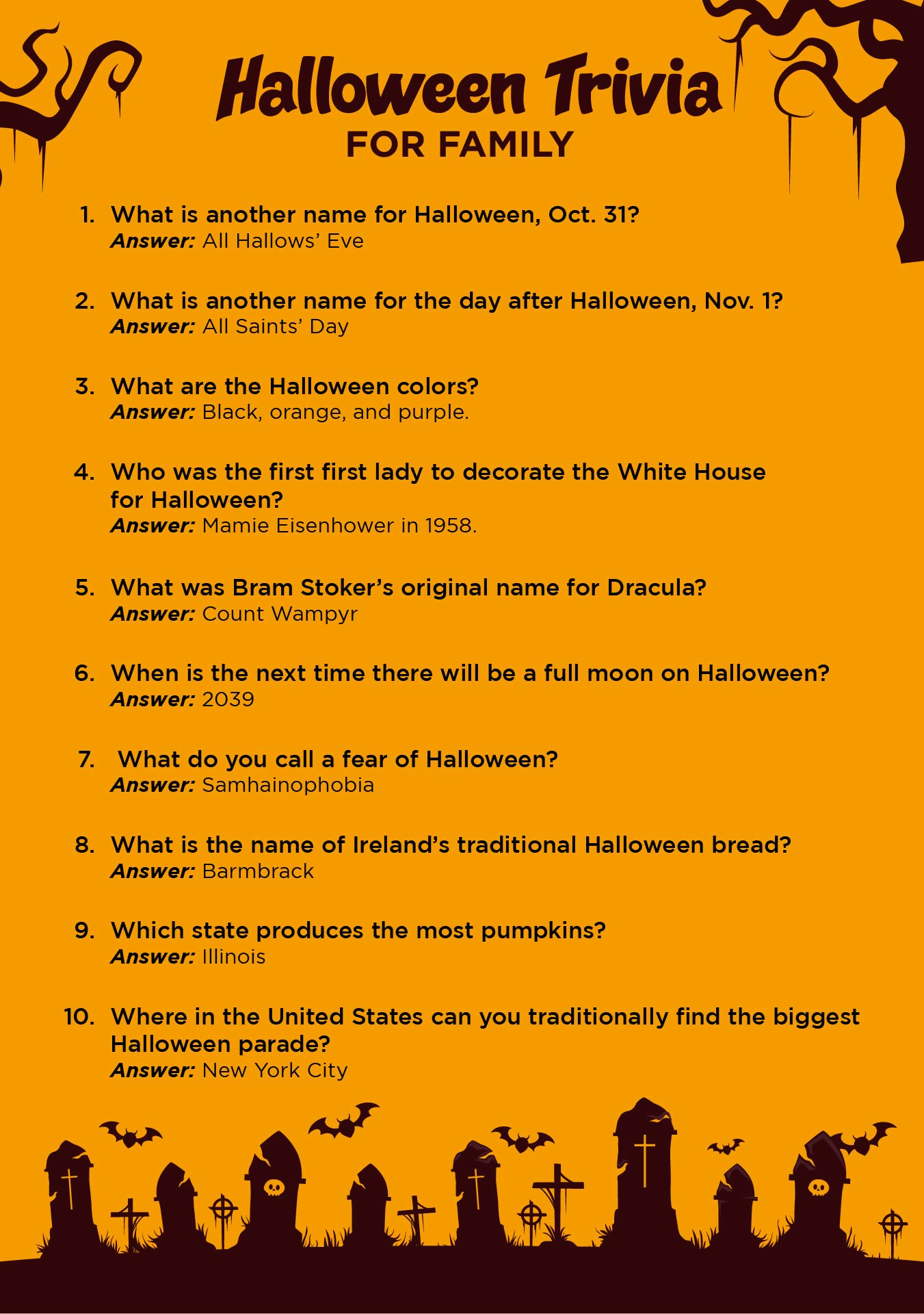 Printable Halloween Trivia For Family Answer Key Included
