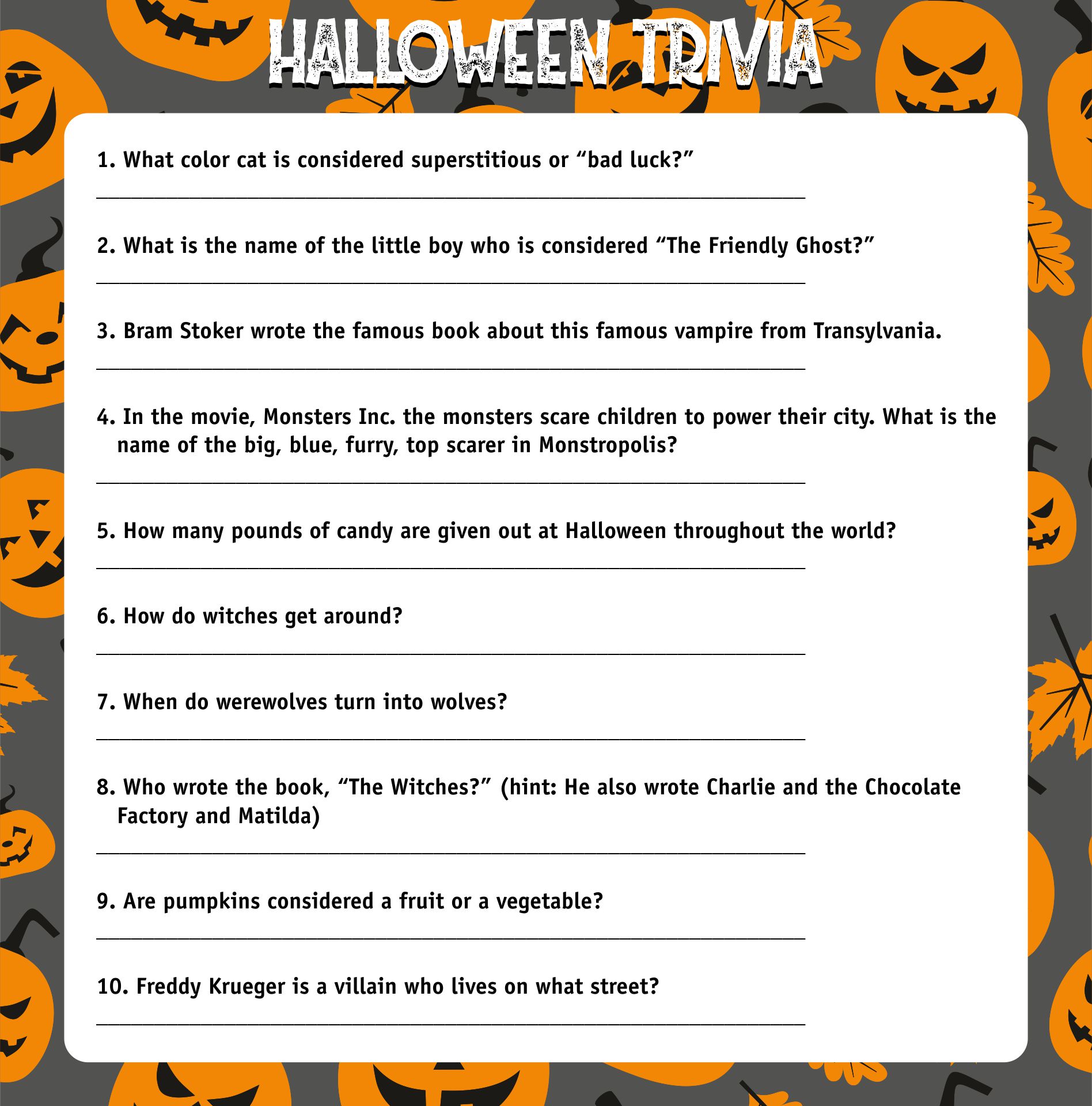 Printable Halloween Trivia Quiz Facts