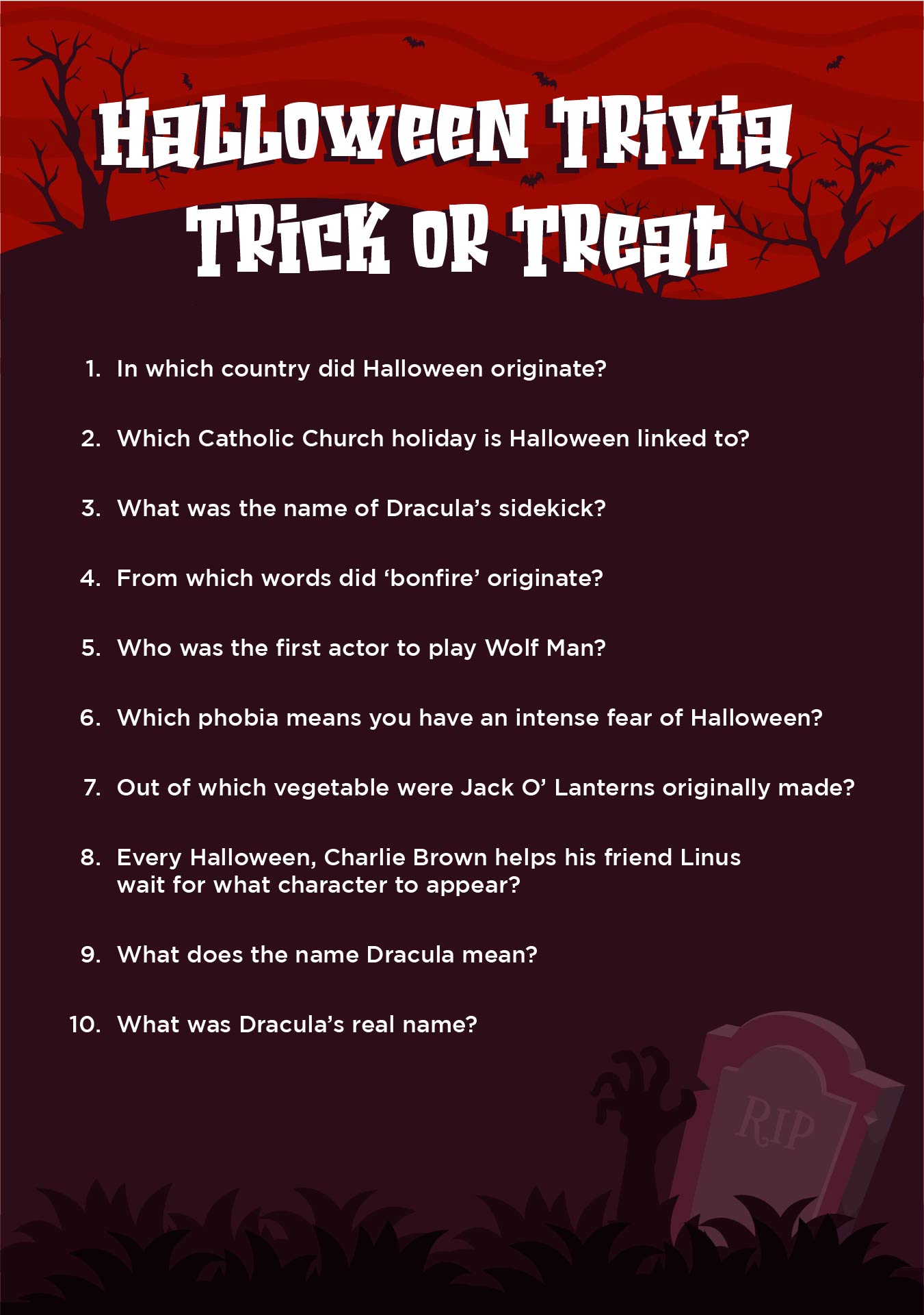 Printable Halloween Trivia Trick Or Treat